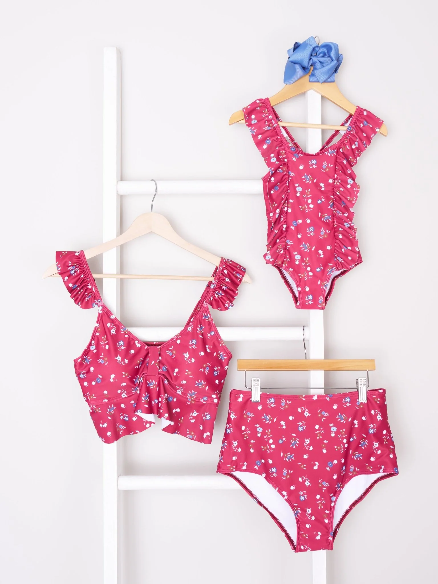 Mom & Me Burgundy Floral Ruffle Swimsuit