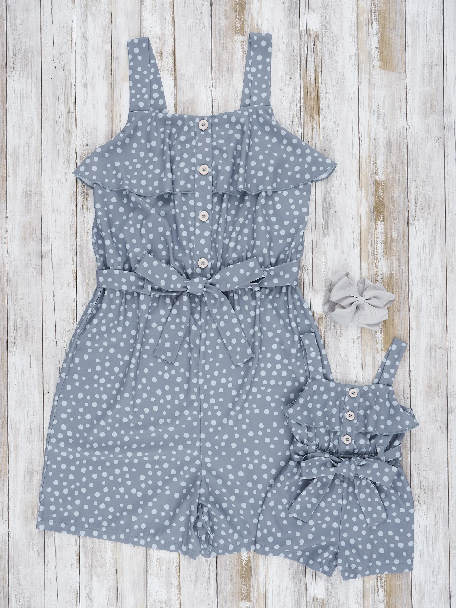 Mom & Me Grey Polka Dot Ruffle Romper