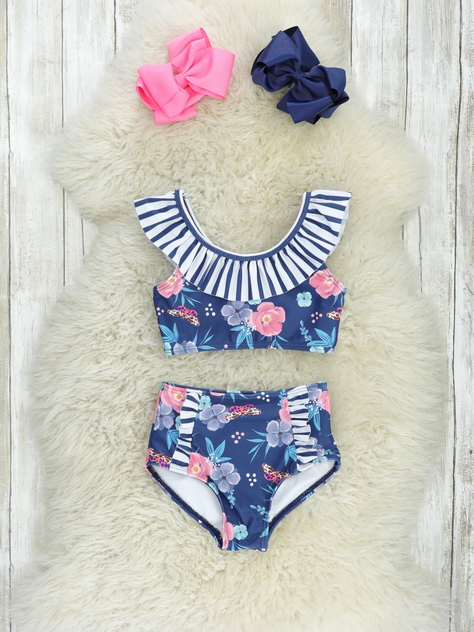 Mom & Me Navy Striped Floral Swimsuits - Image 2