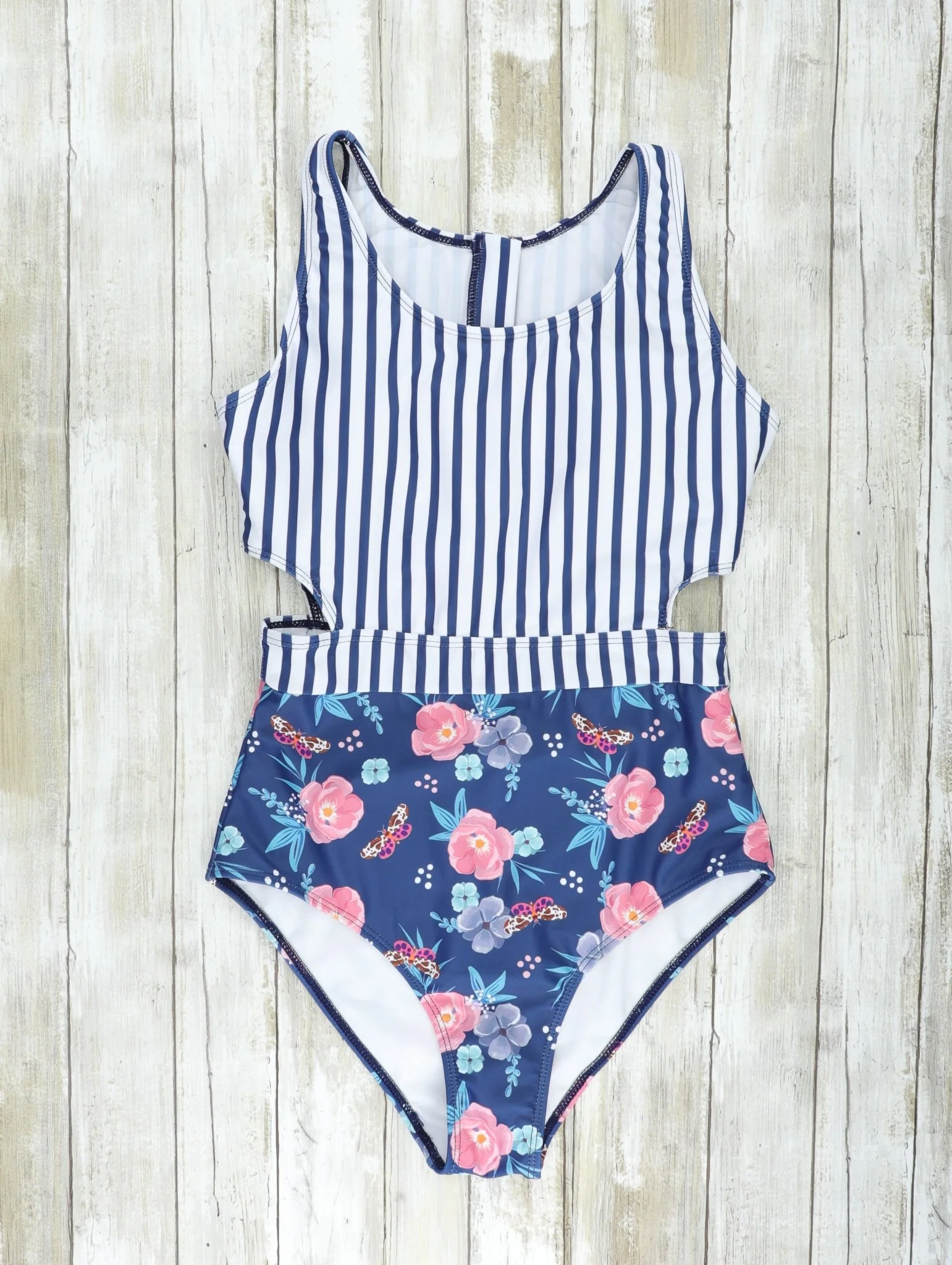 Mom & Me Navy Striped Floral Swimsuits - Image 3