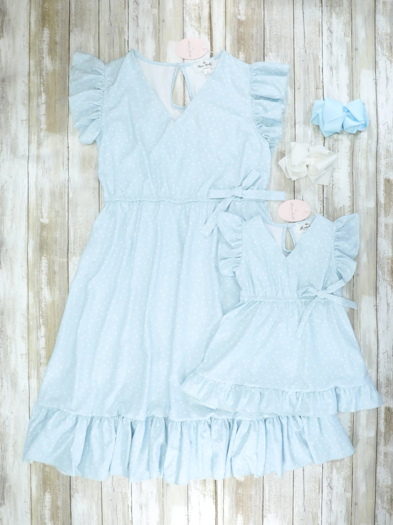 Mom & Me Polka Dotted Powder Blue Ruffle Dress