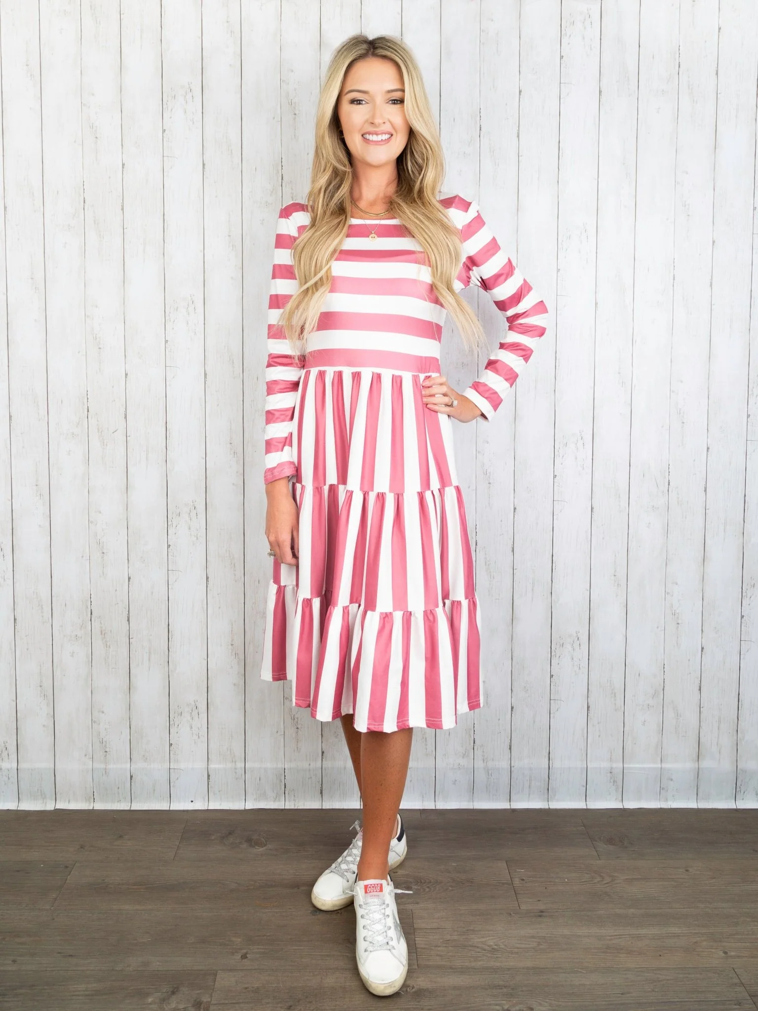 Mom & Me Raspberry Red Striped Long Sleeve Swing Dress - Image 4
