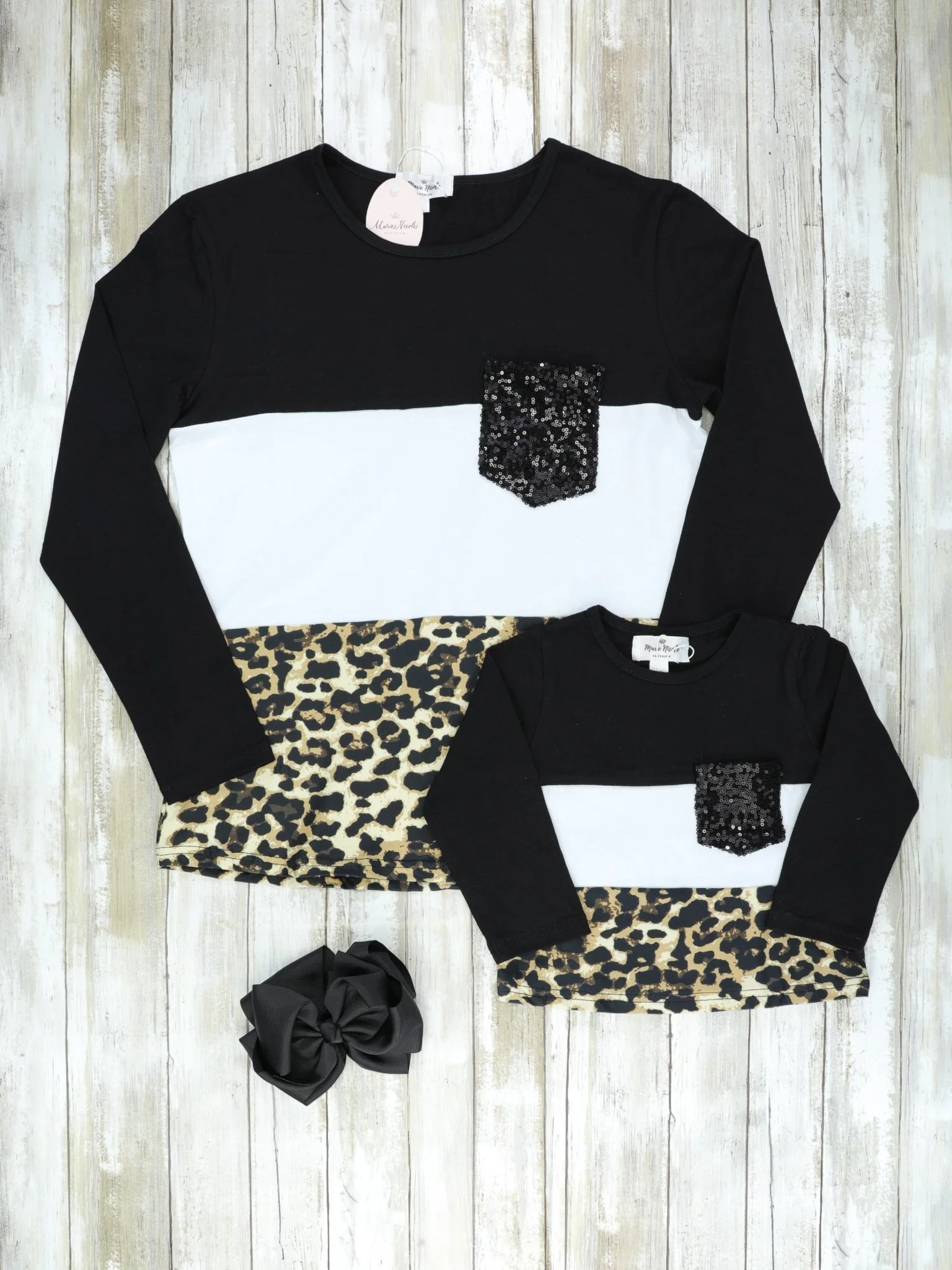 Mom & Me Black White Leopard Colorblock Sequin Pocket Shirt