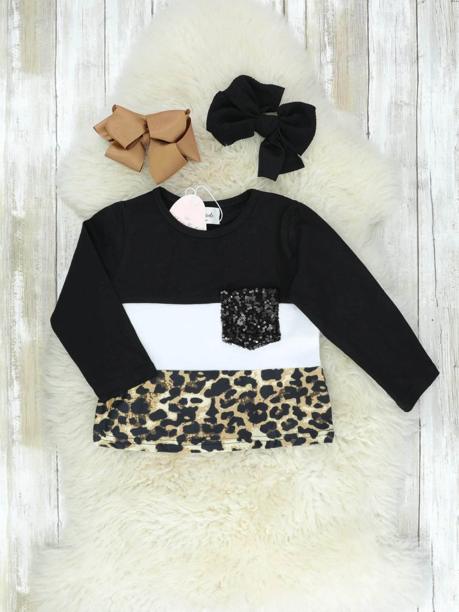 Mom & Me Black White Leopard Colorblock Sequin Pocket Shirt - Image 2