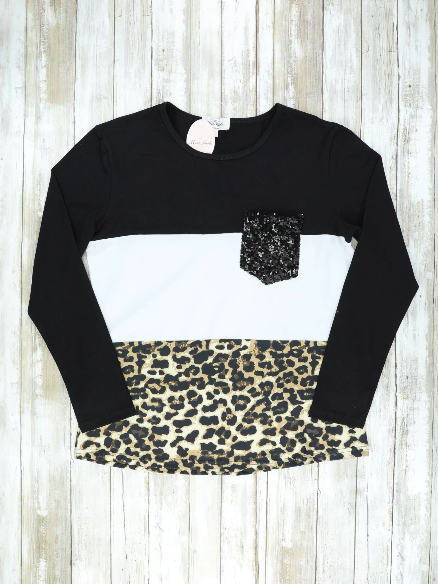 Mom & Me Black White Leopard Colorblock Sequin Pocket Shirt - Image 3