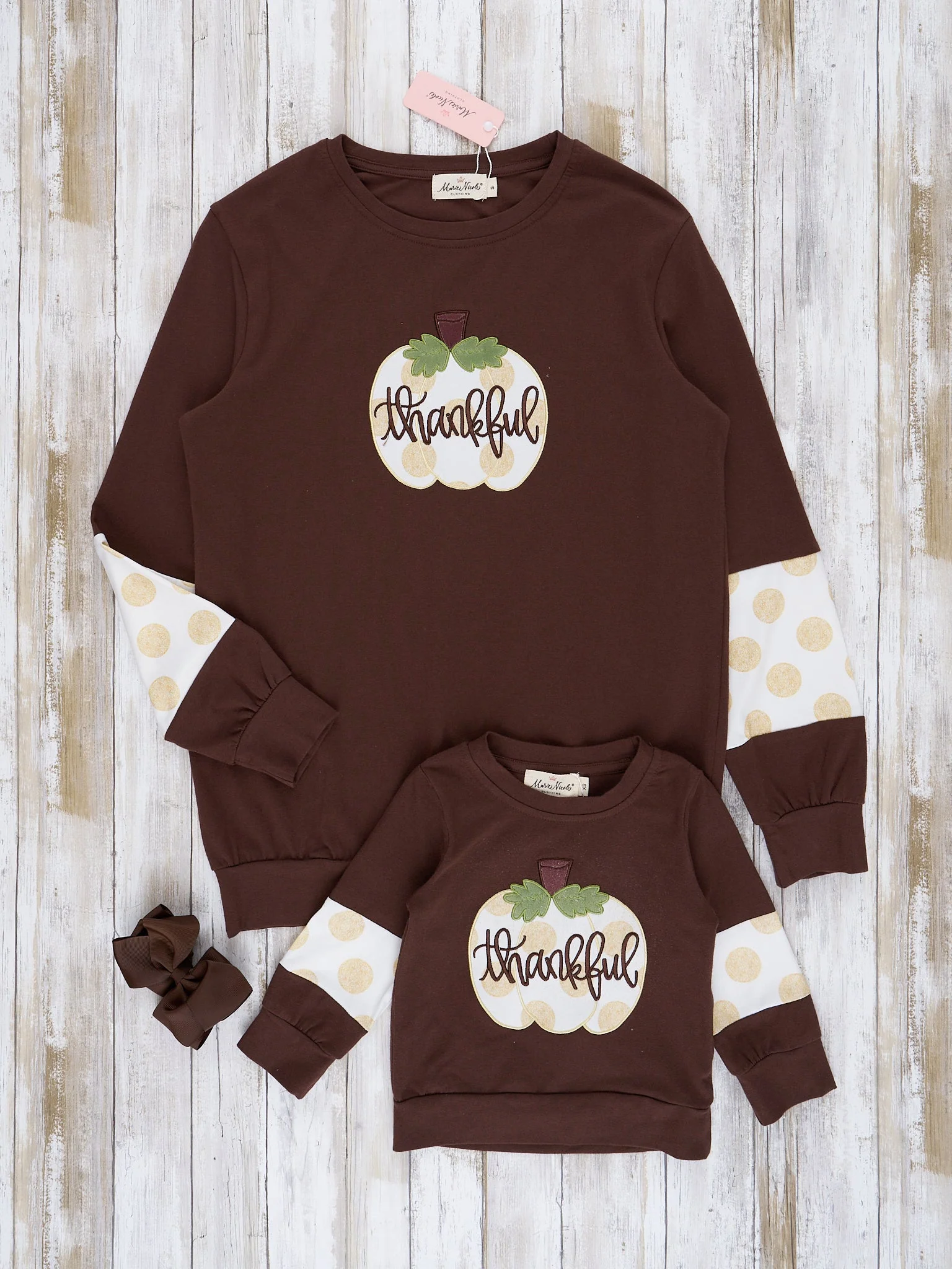 Mom & Me Brown & Gold Dots Thankful Crew Neck