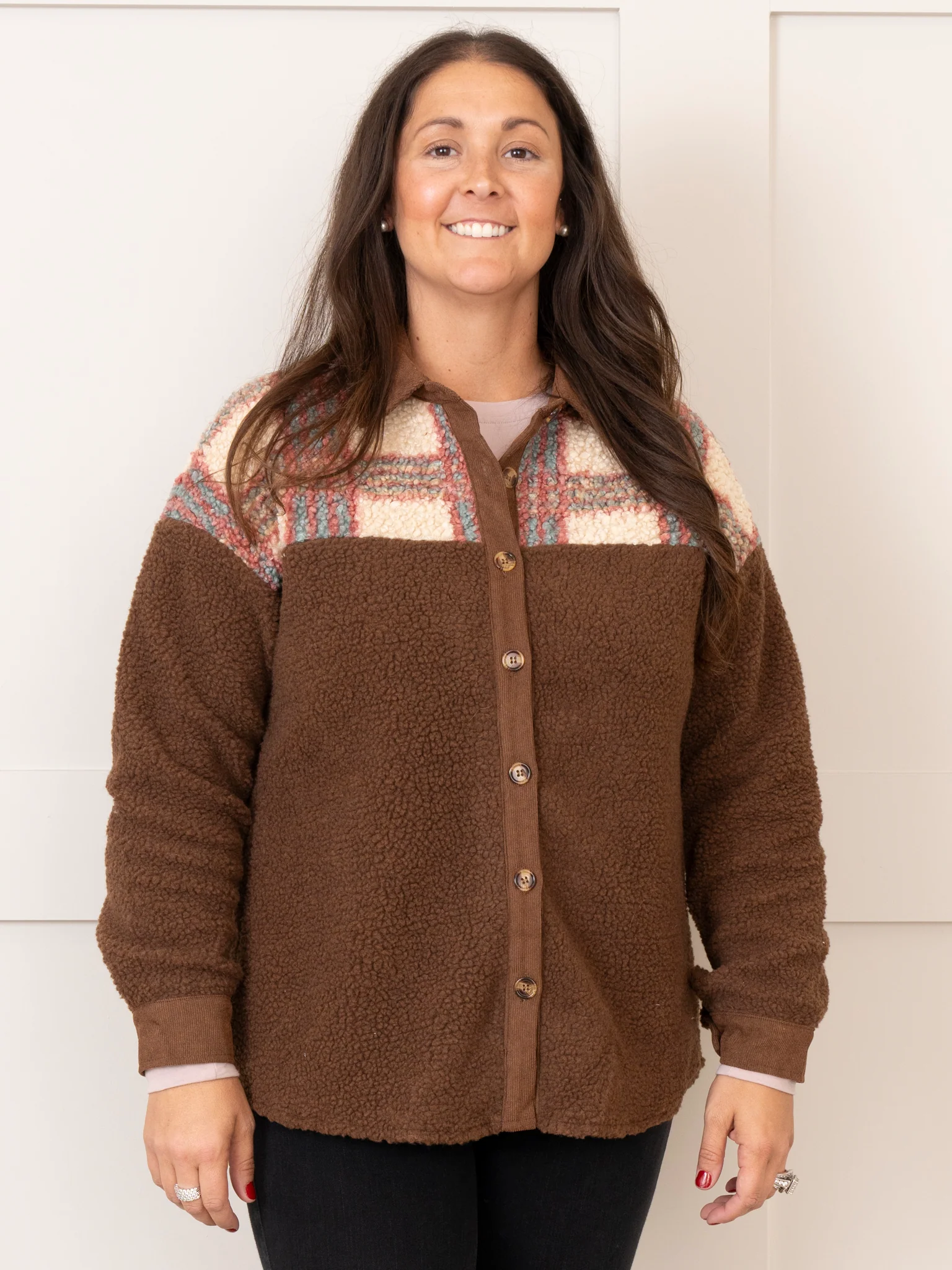 Mom & Me Brown & Plaid Teddy Shacket - Image 9
