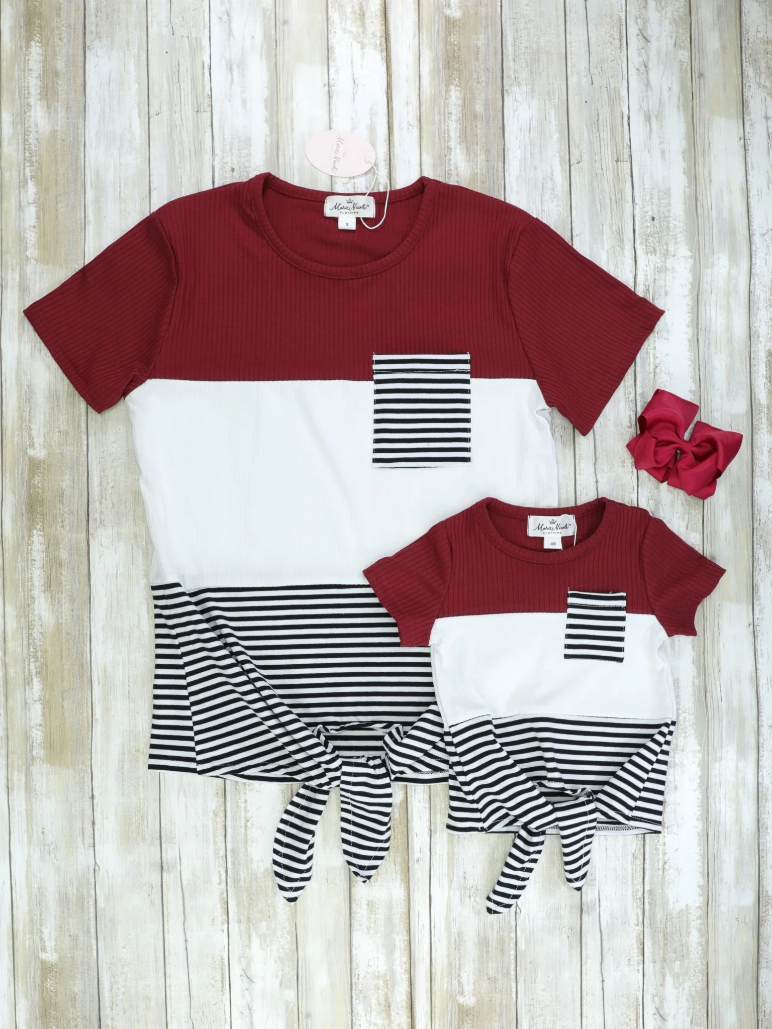 Mom & Me Burgundy, Black, White, Striped Tie Shirt