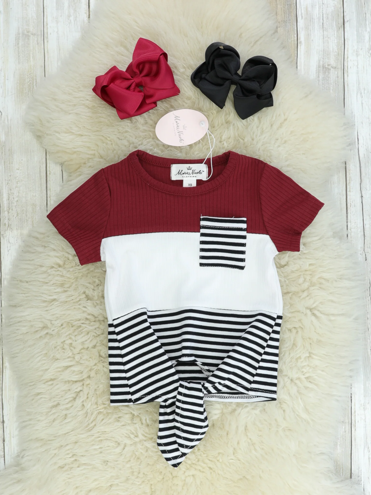 Mom & Me Burgundy, Black, White, Striped Tie Shirt - Image 2