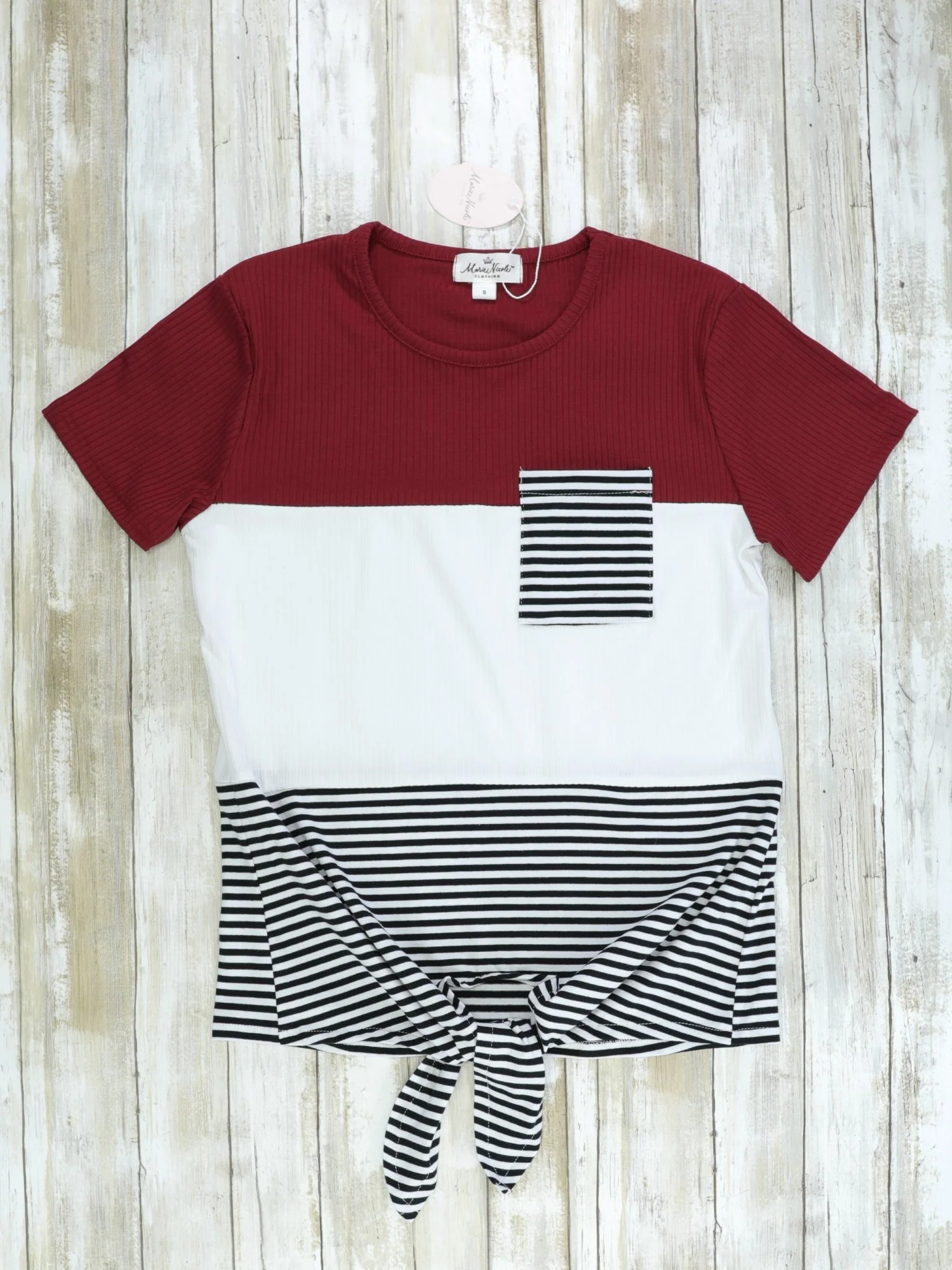 Mom & Me Burgundy, Black, White, Striped Tie Shirt - Image 3