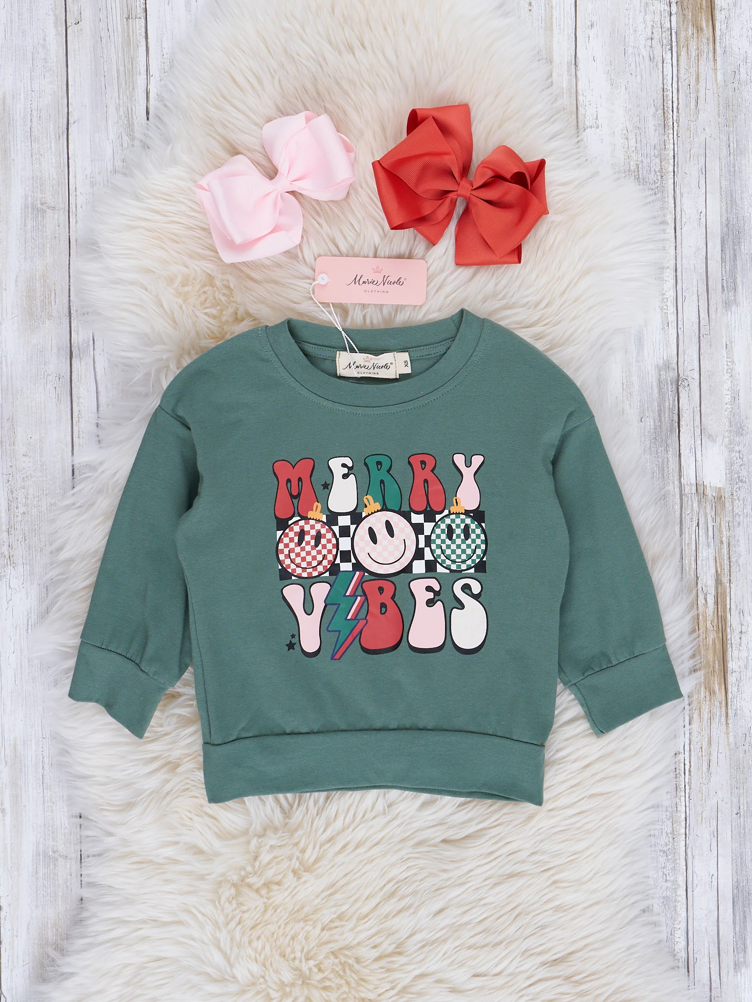 Mom & Me Heather Olive "Merry Vibes" Crew Neck Shirt - Image 3