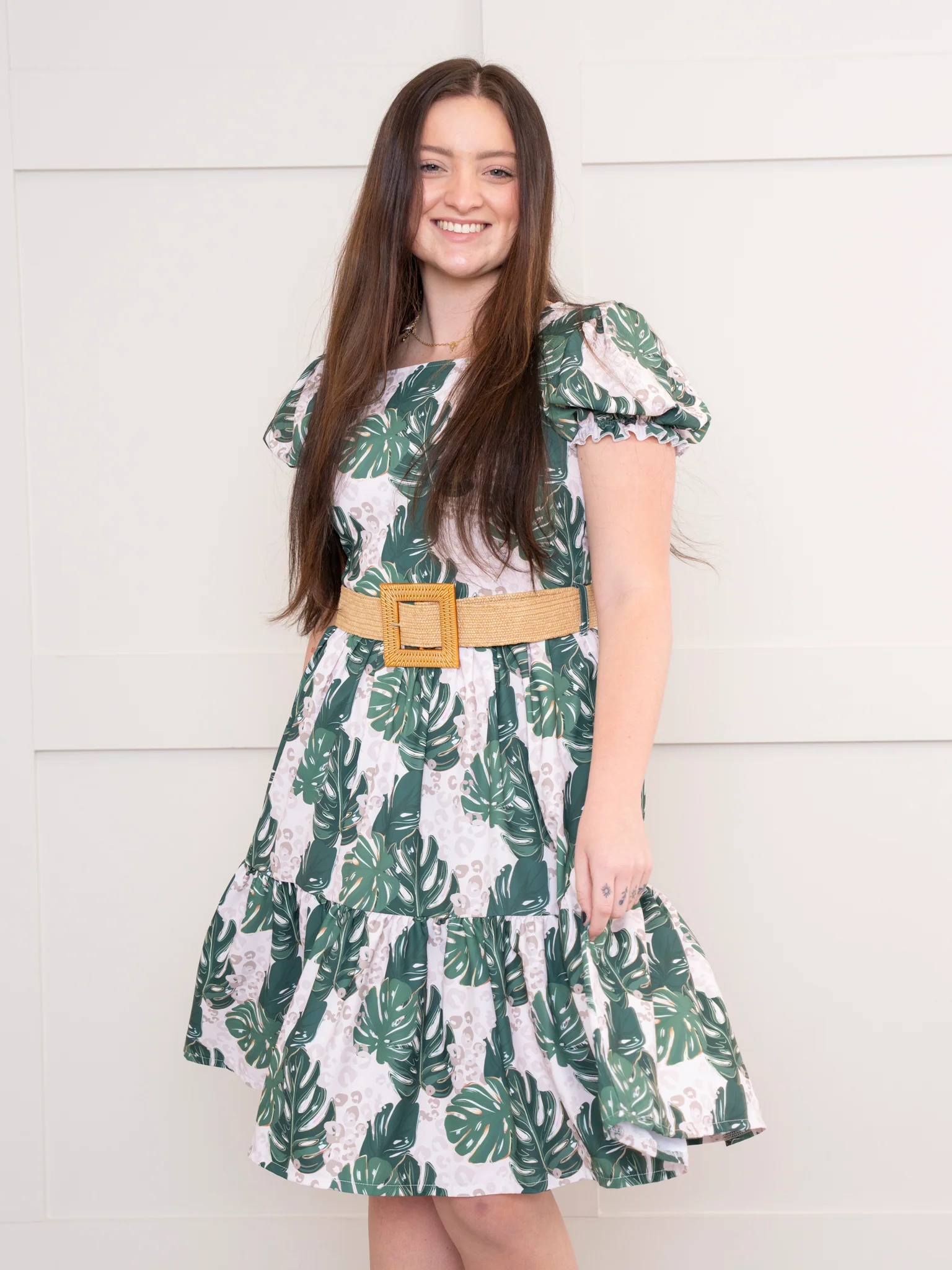Mom & Me Leopard Monstera Leaves Ruffle Dress