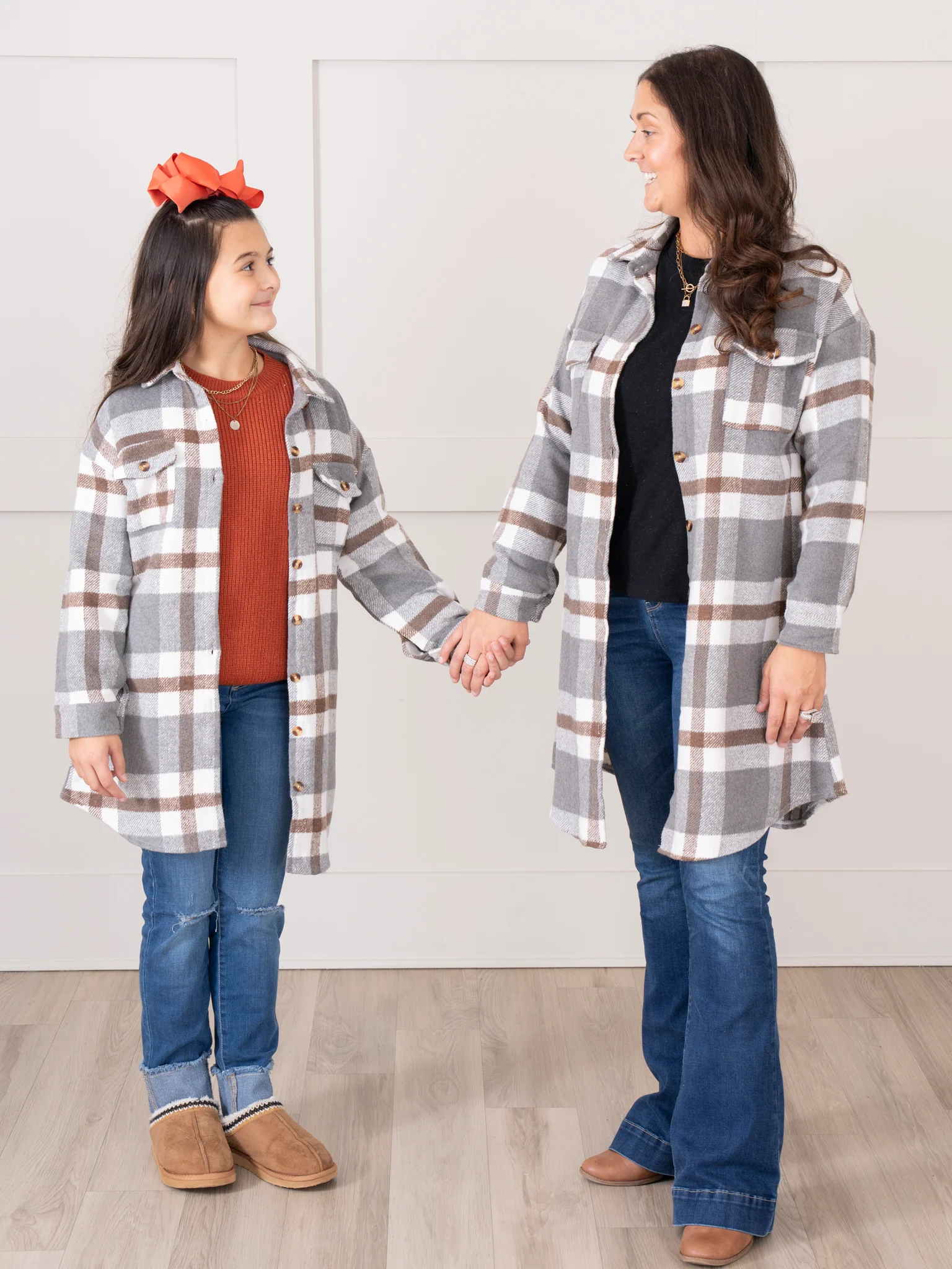 Mom & Me Long Flannel Shacket - Grey Plaid - Image 2