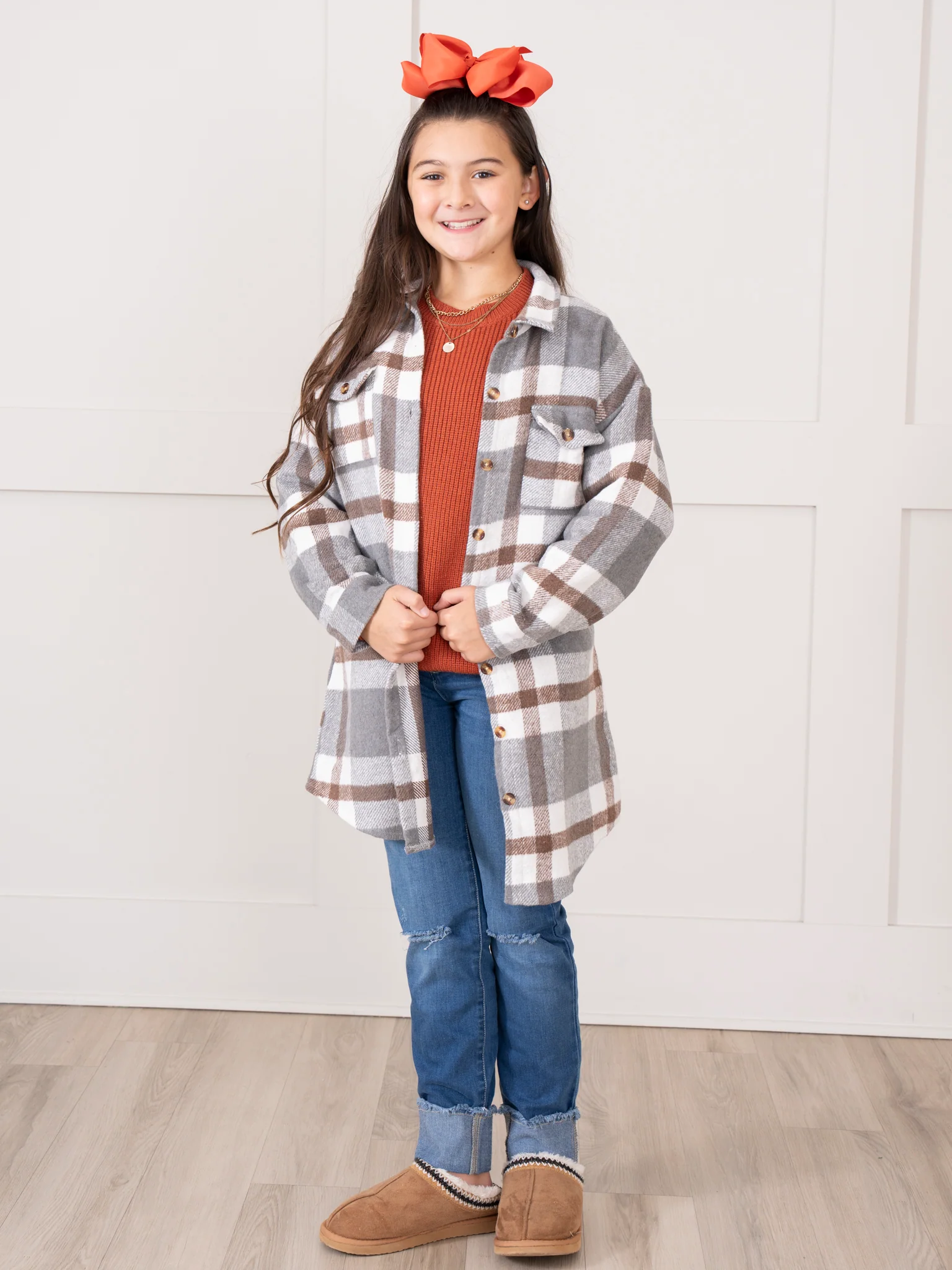 Mom & Me Long Flannel Shacket - Grey Plaid - Image 3