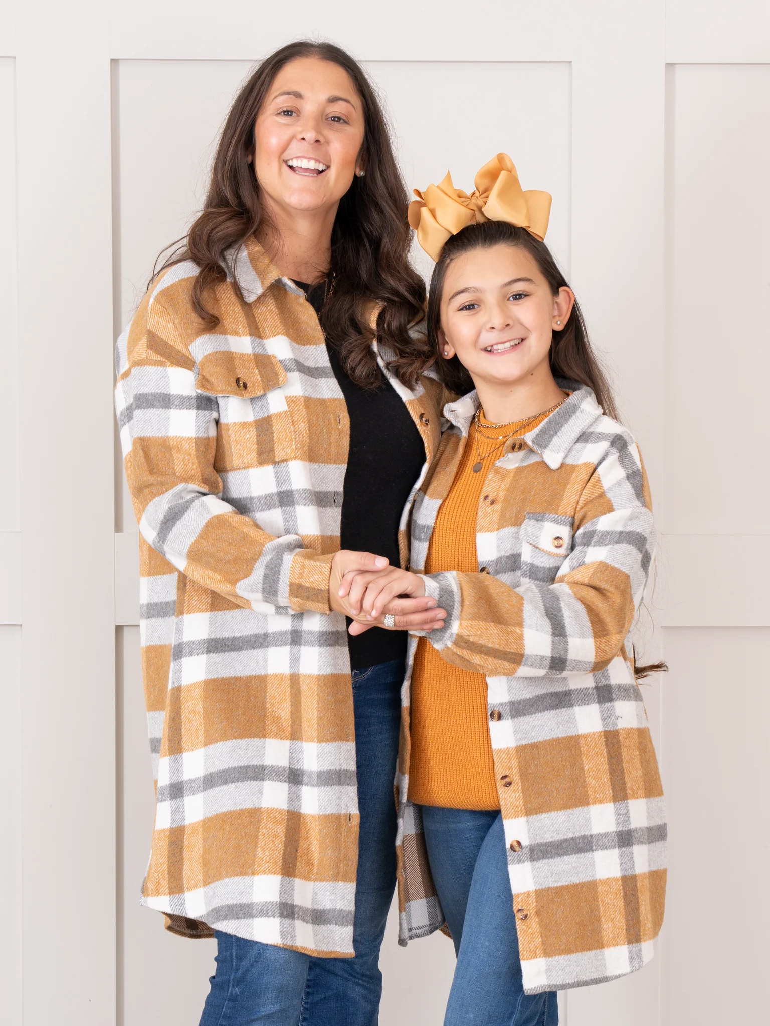 Mom & Me Long Flannel Shacket - Mustard & Grey Plaid - Image 2