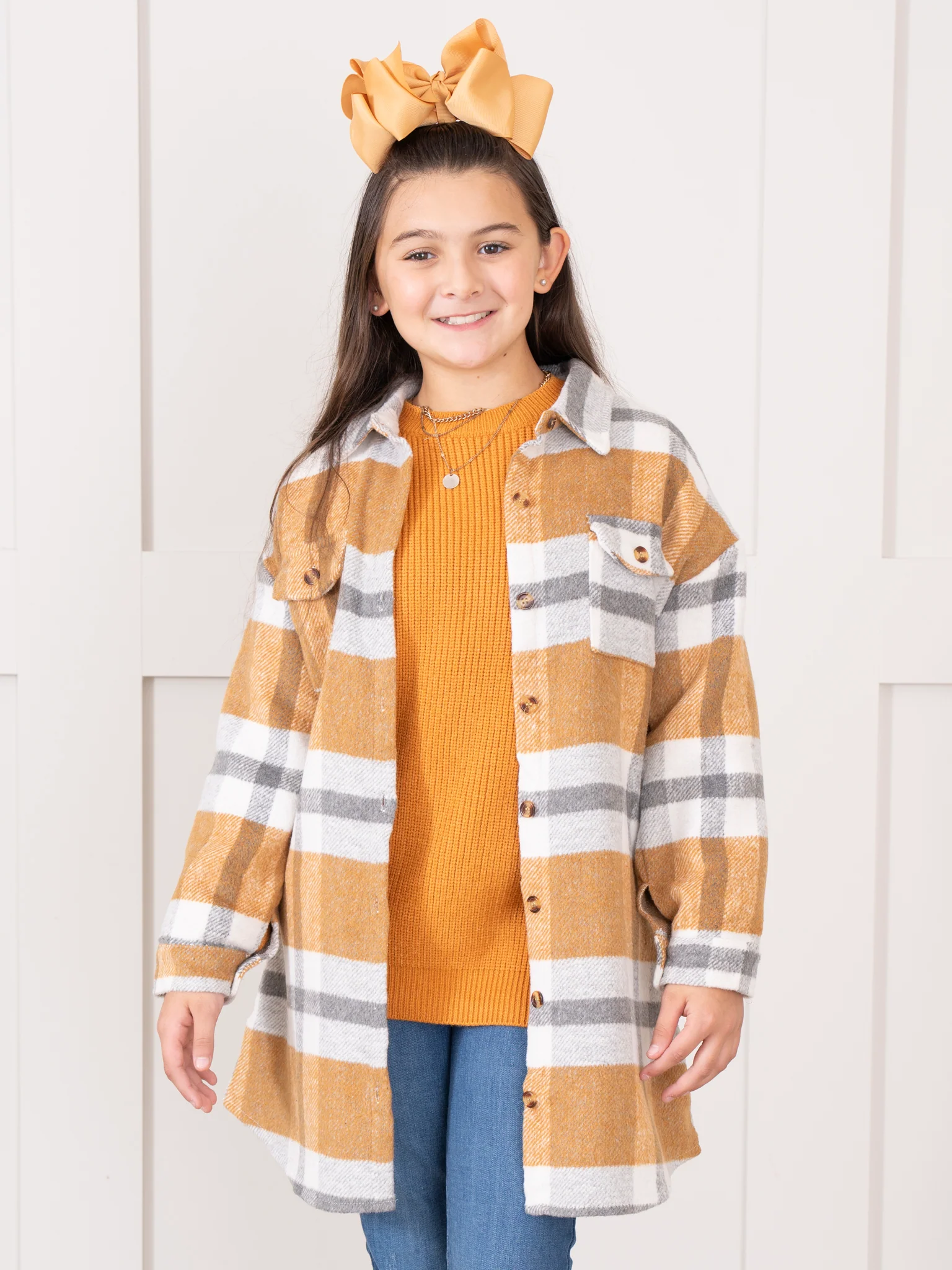Mom & Me Long Flannel Shacket - Mustard & Grey Plaid - Image 5