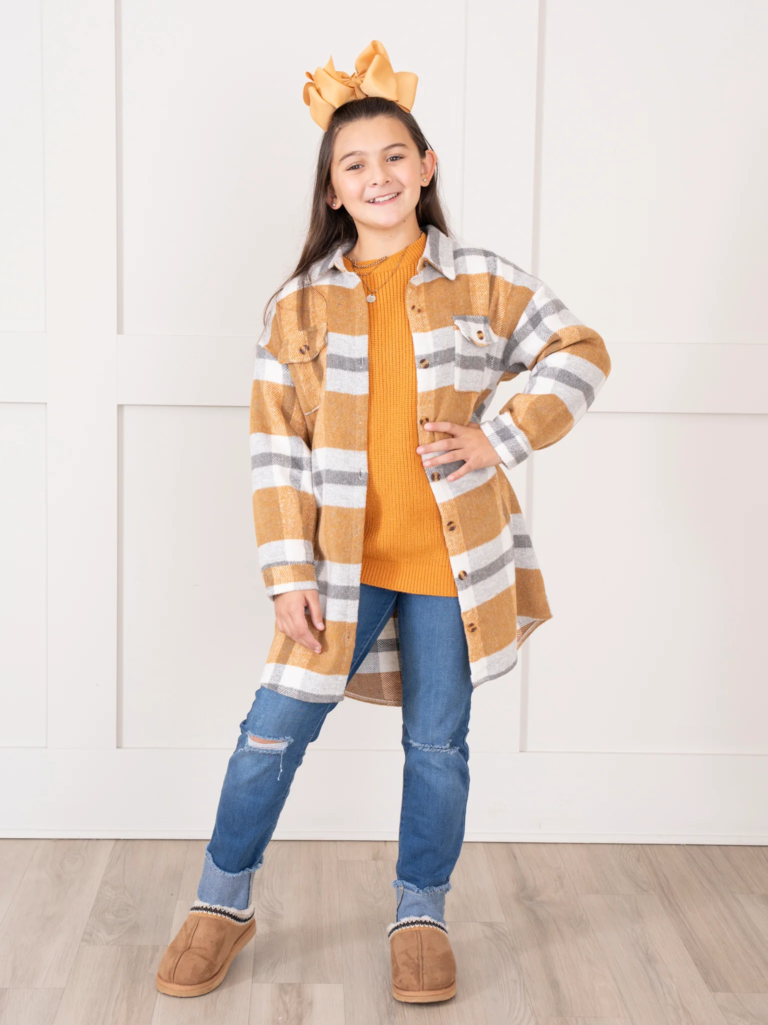Mom & Me Long Flannel Shacket - Mustard & Grey Plaid - Image 6