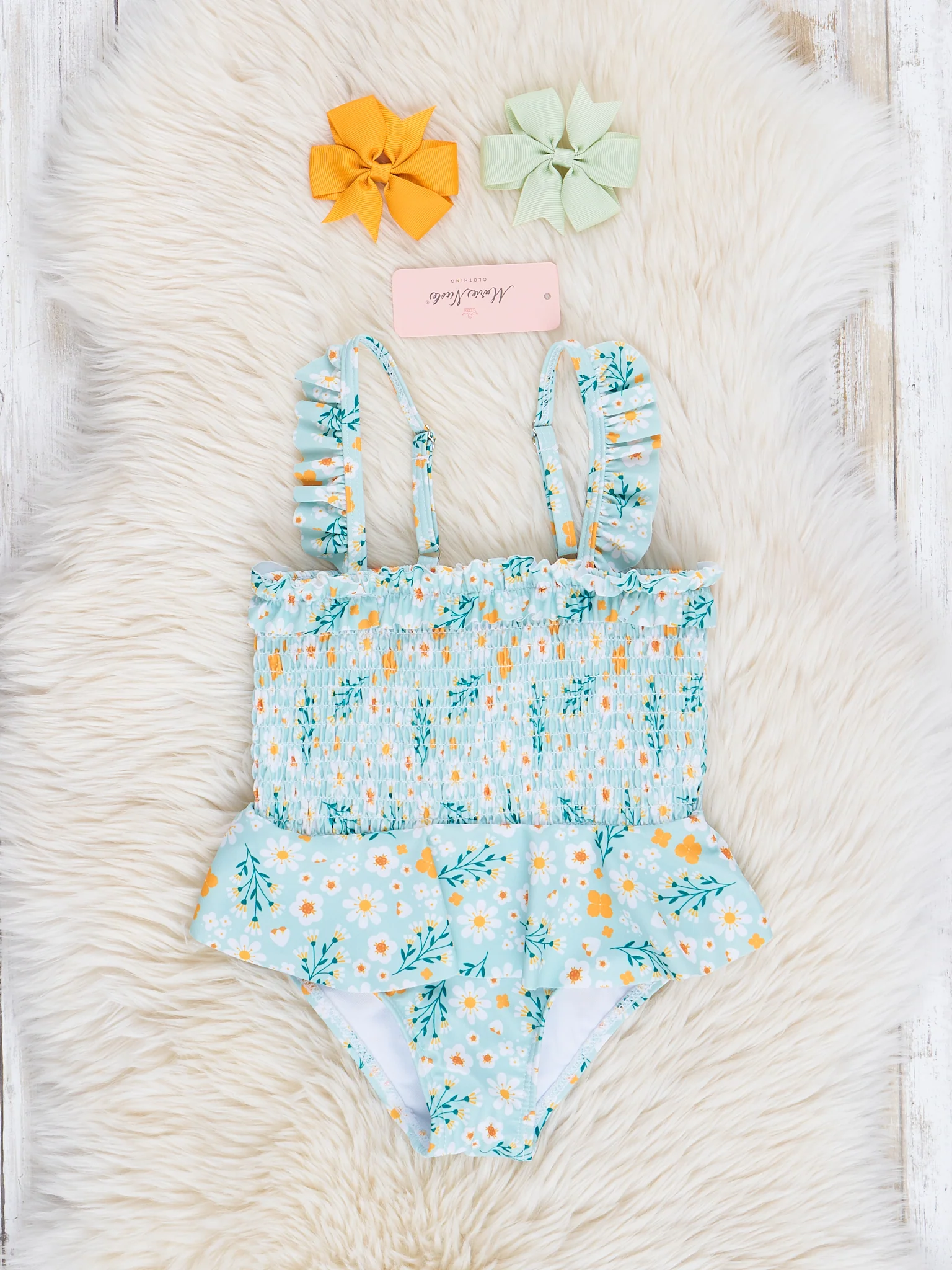 Mom & Me Mint & Yellow Blooms Smocked Swimsuit - Image 2