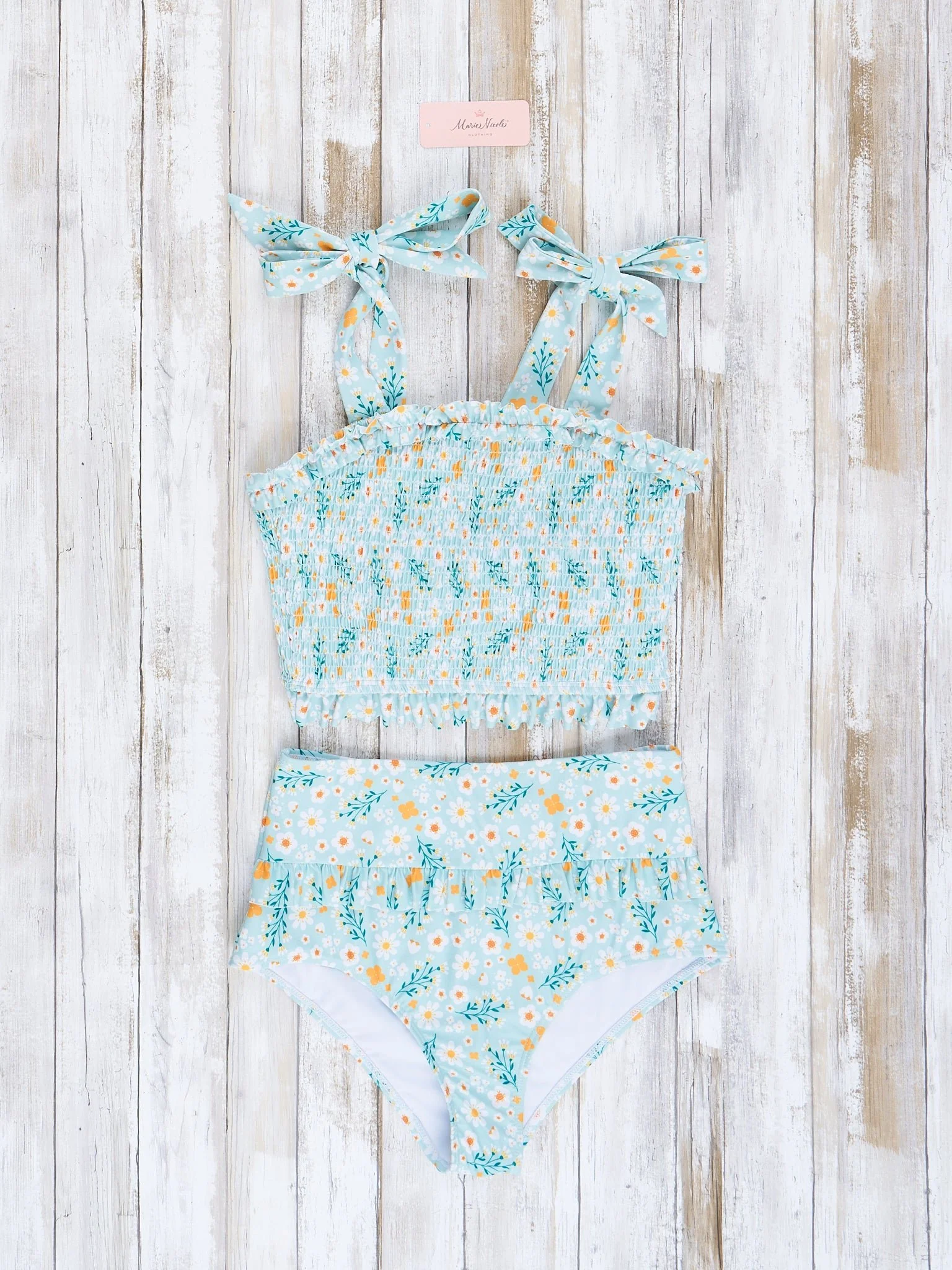 Mom & Me Mint & Yellow Blooms Smocked Swimsuit - Image 3