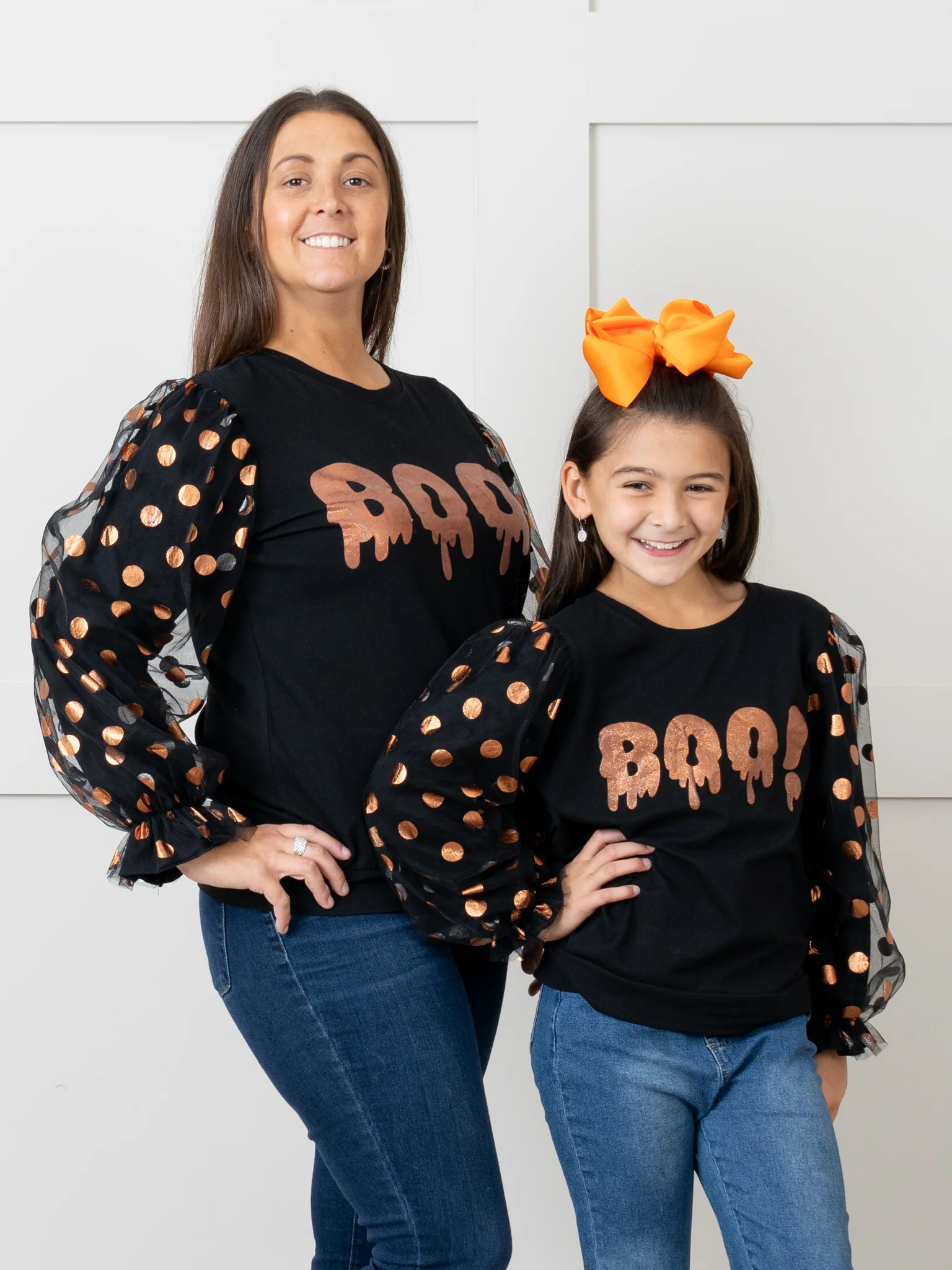 Mom & Me Orange & Black "Boo" Polka Dot Top