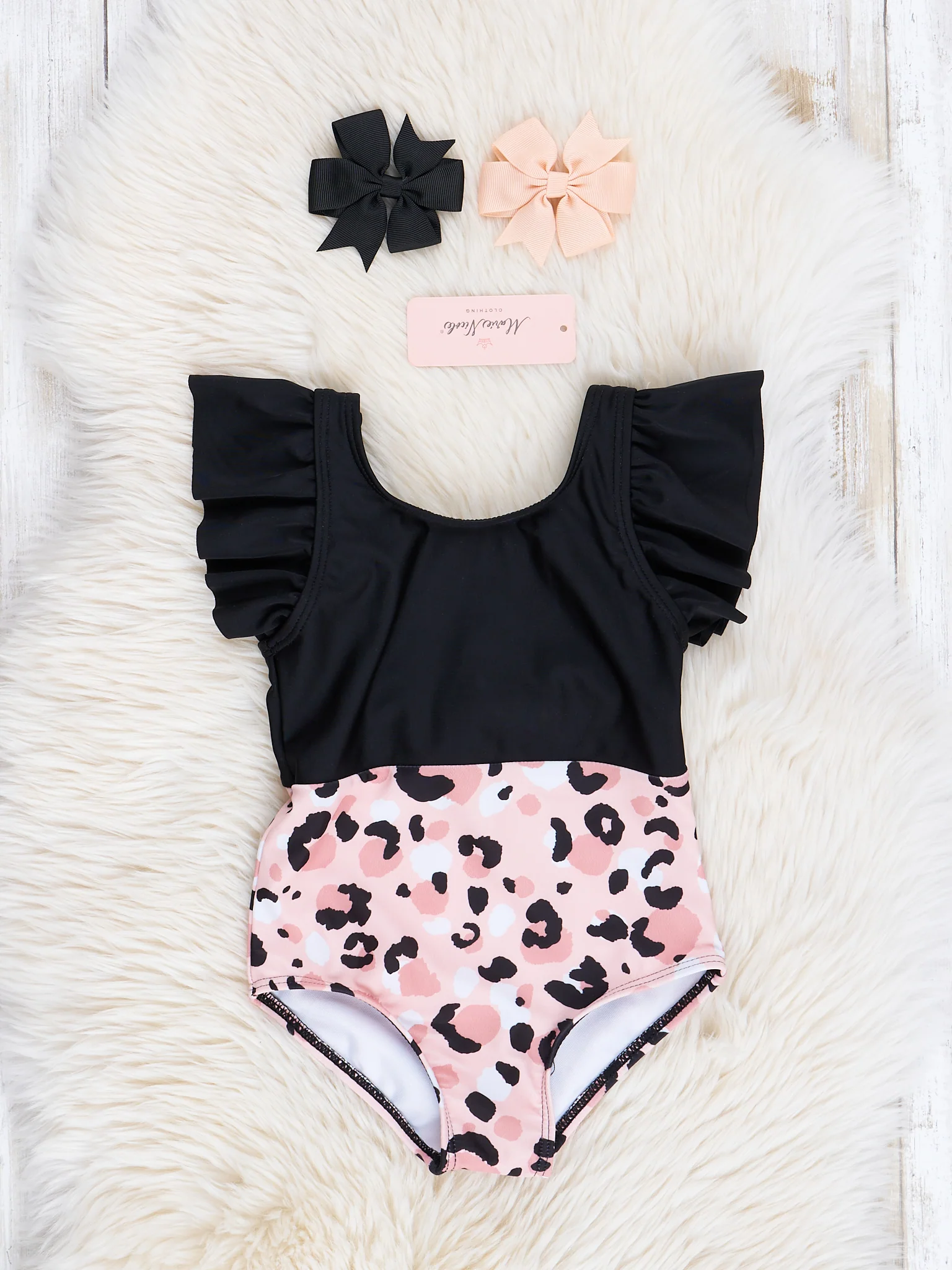 Mom & Me Peach & Black Leopard Ruffle Swimsuit - Image 3