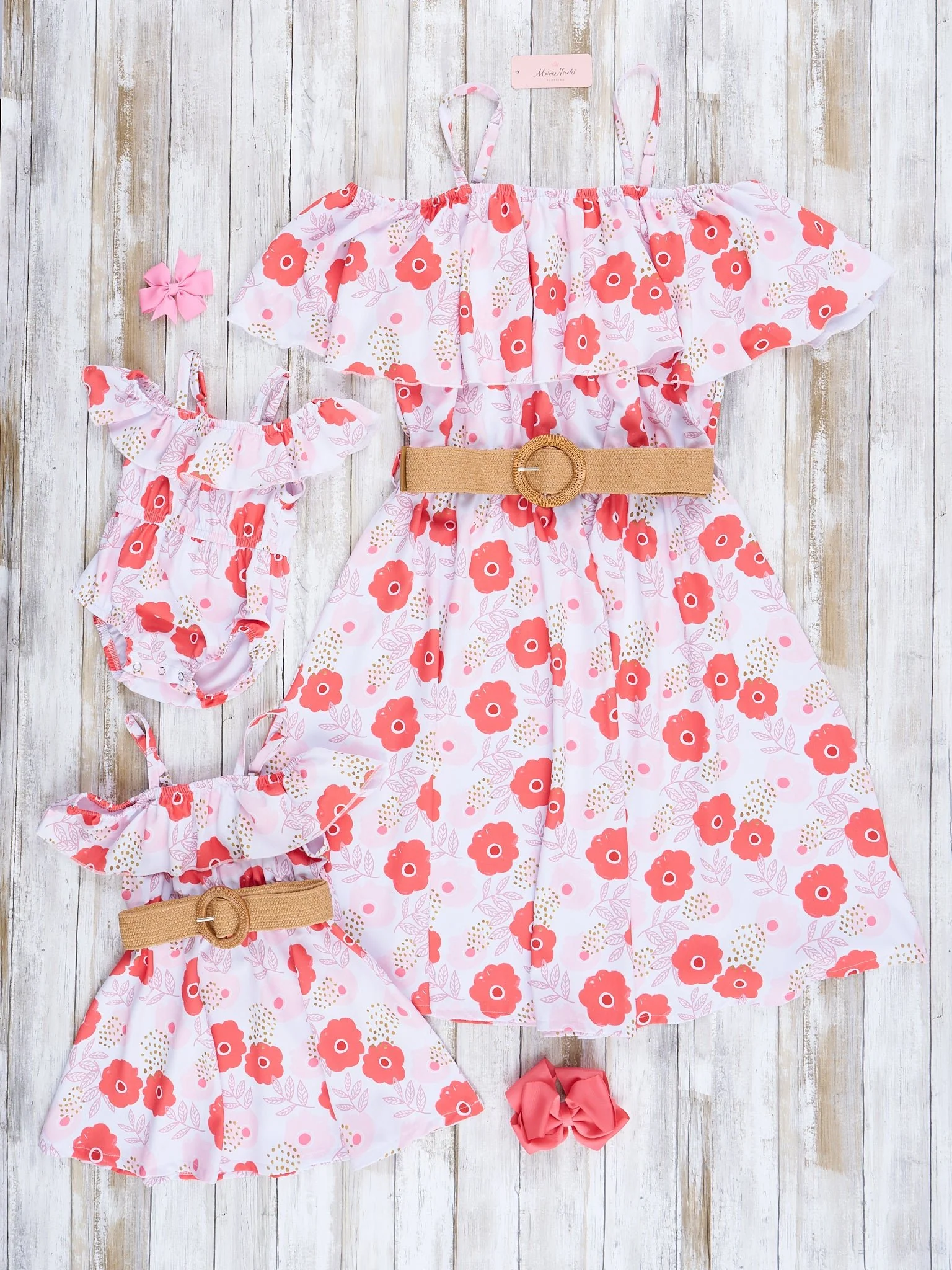 Mom & Me Pink & Orange Floral Belted Dress - Image 3