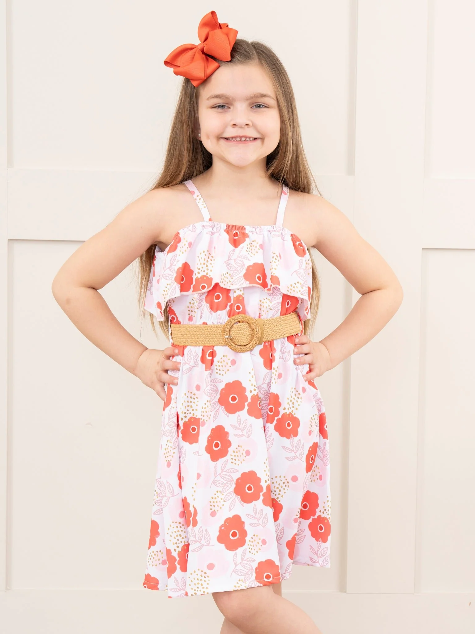 Mom & Me Pink & Orange Floral Belted Dress - Image 4