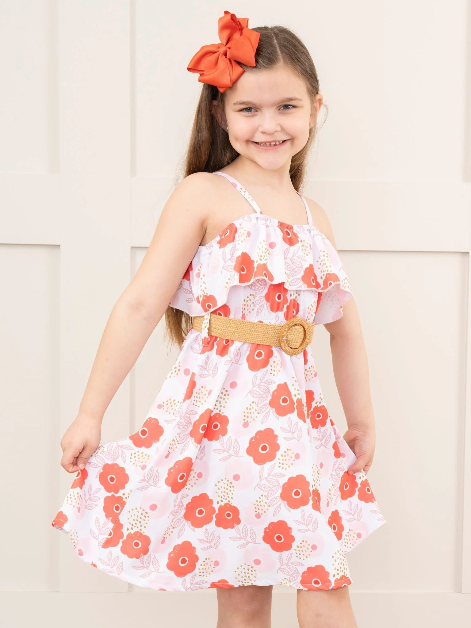 Mom & Me Pink & Orange Floral Belted Dress - Image 7