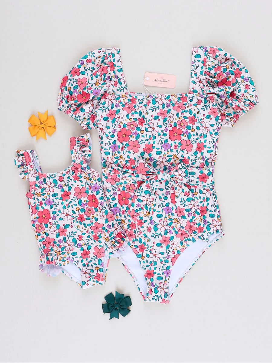 Mom & Me Pink & Turquoise Island Florals Ruffle Swimsuit - Image 2