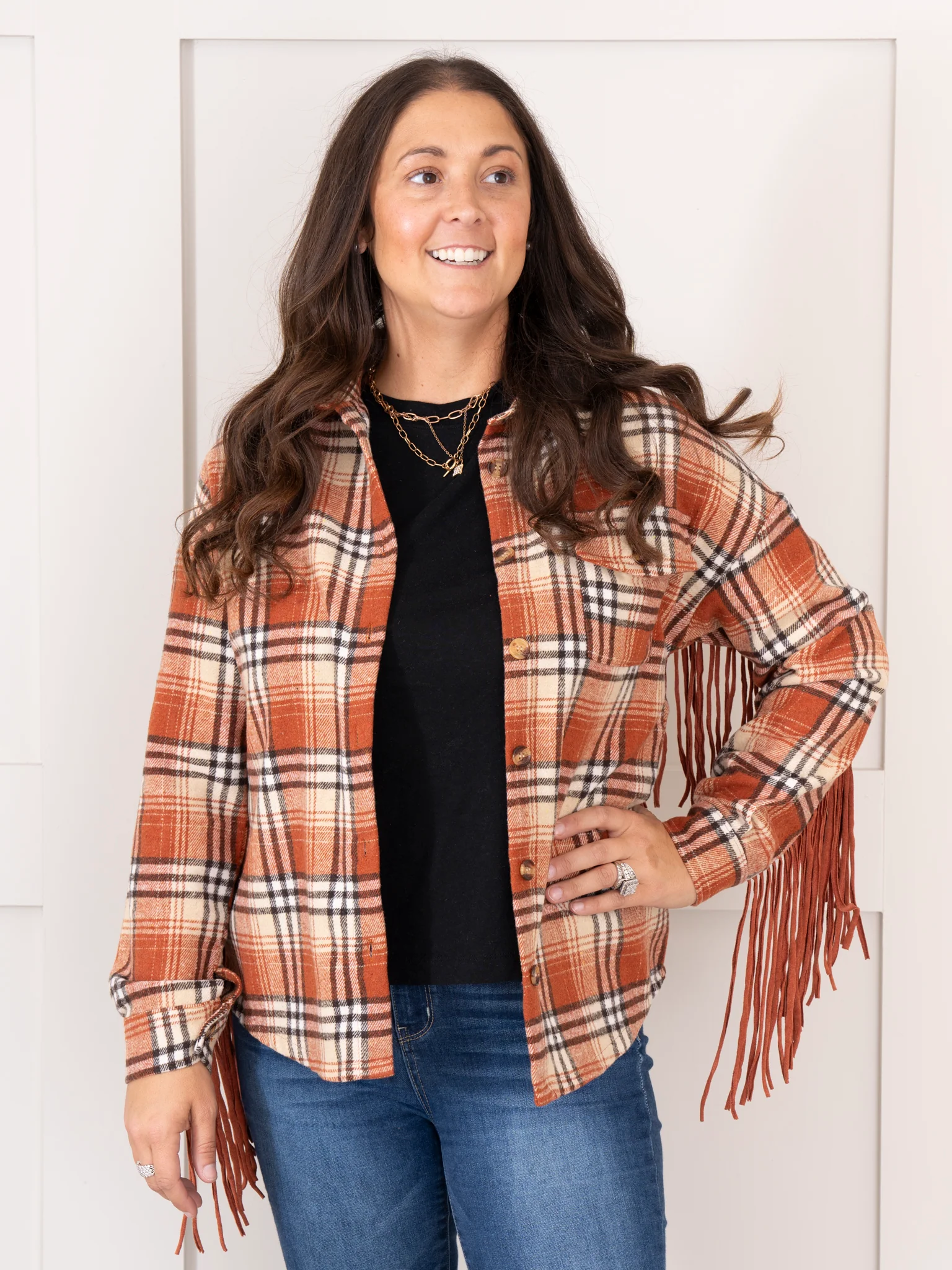 Mom & Me Rusty Plaid Fringe Flannel Shacket - Image 12