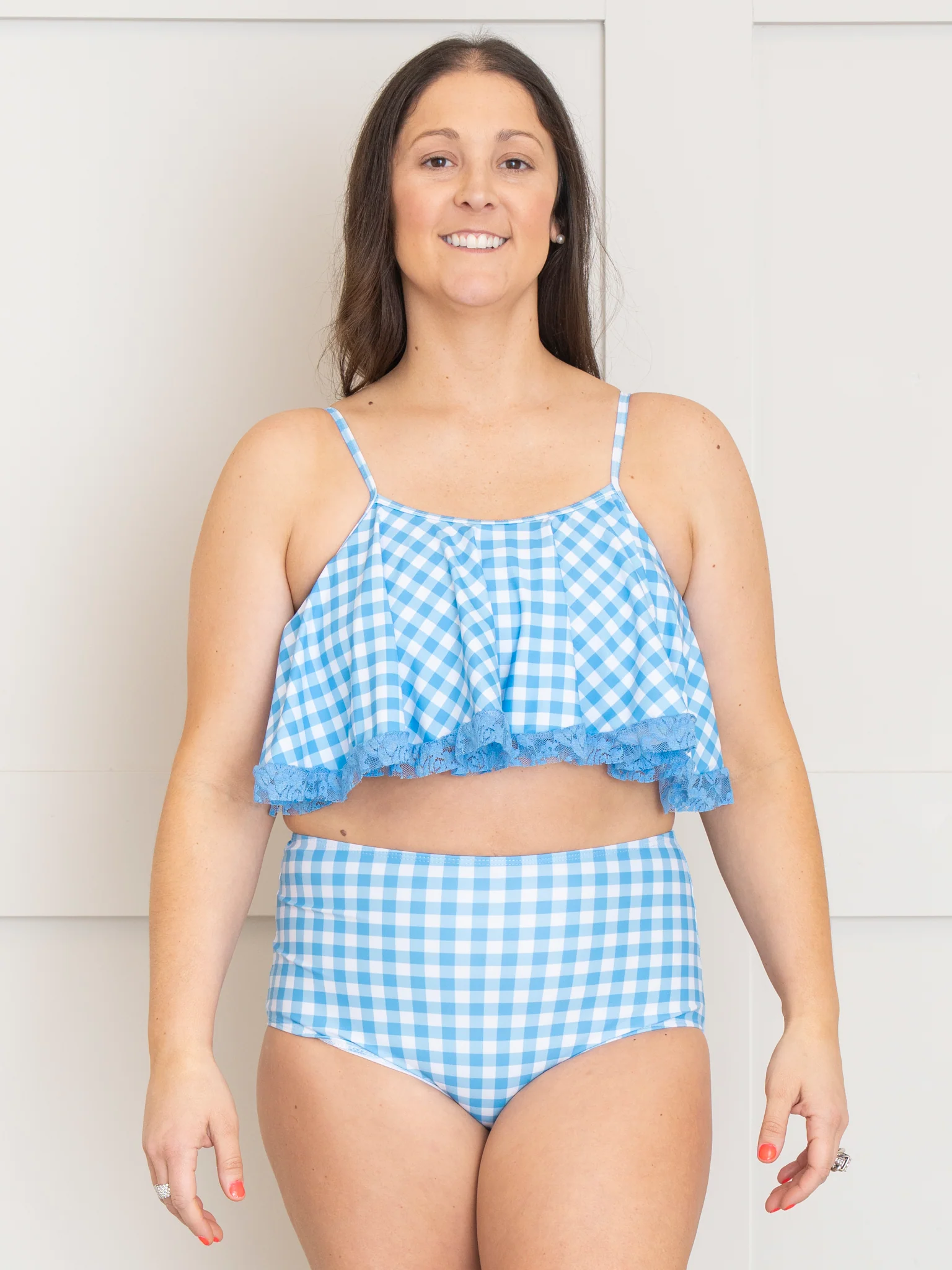 Mom & Me Summer Gingham Lacy Swimsuit - Blue - Image 3
