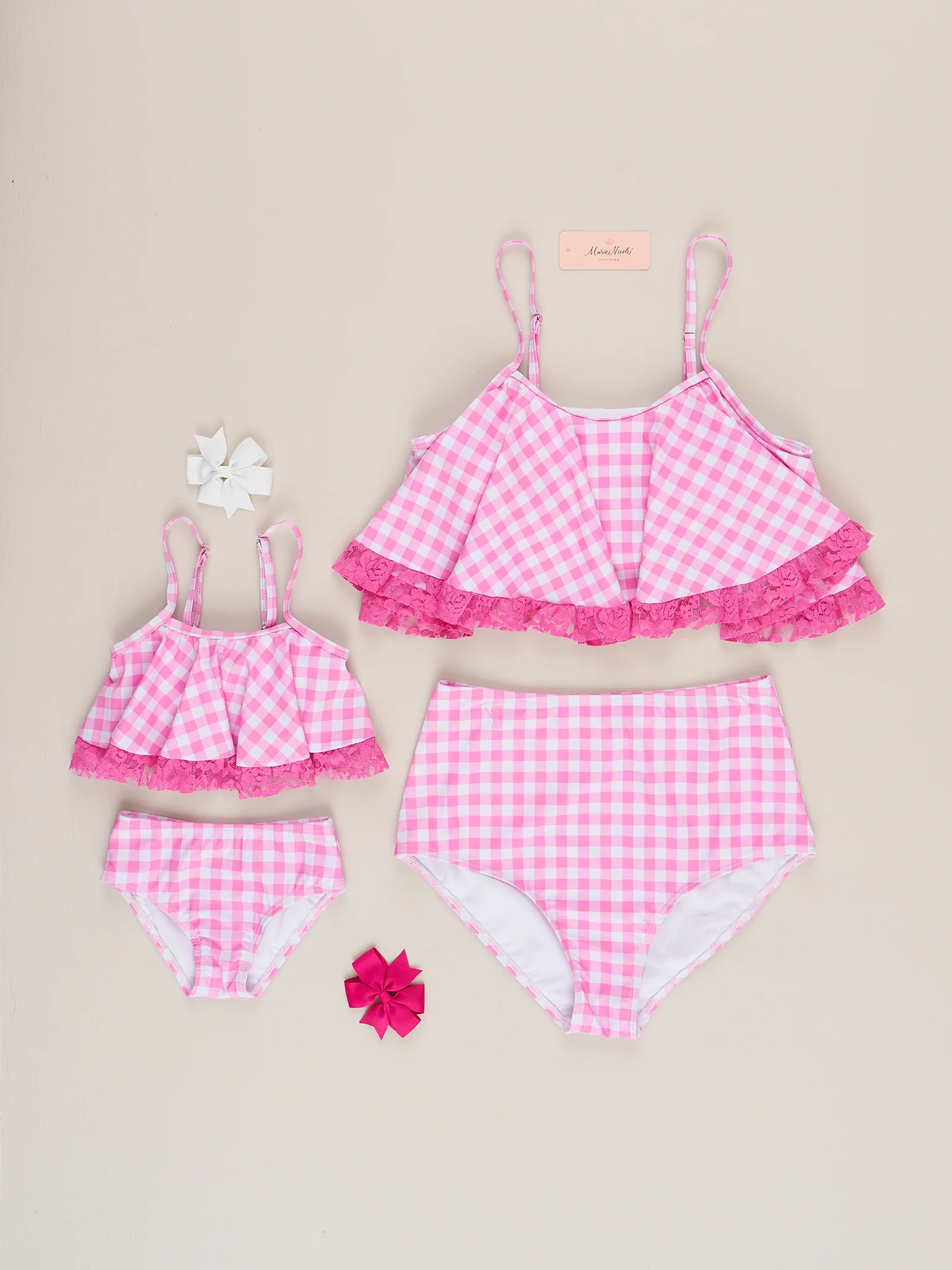 Mom & Me Summer Gingham Lacy Swimsuit - Pink