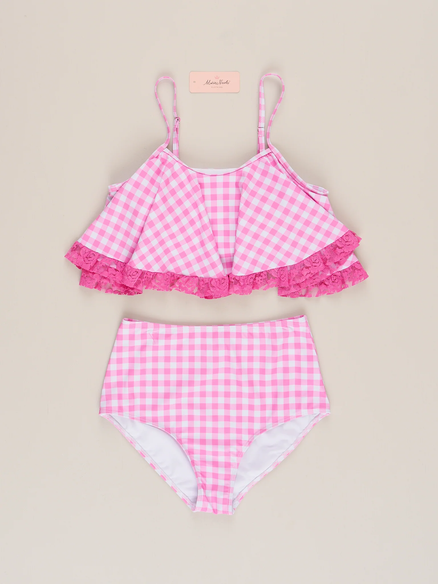 Mom & Me Summer Gingham Lacy Swimsuit - Pink - Image 4