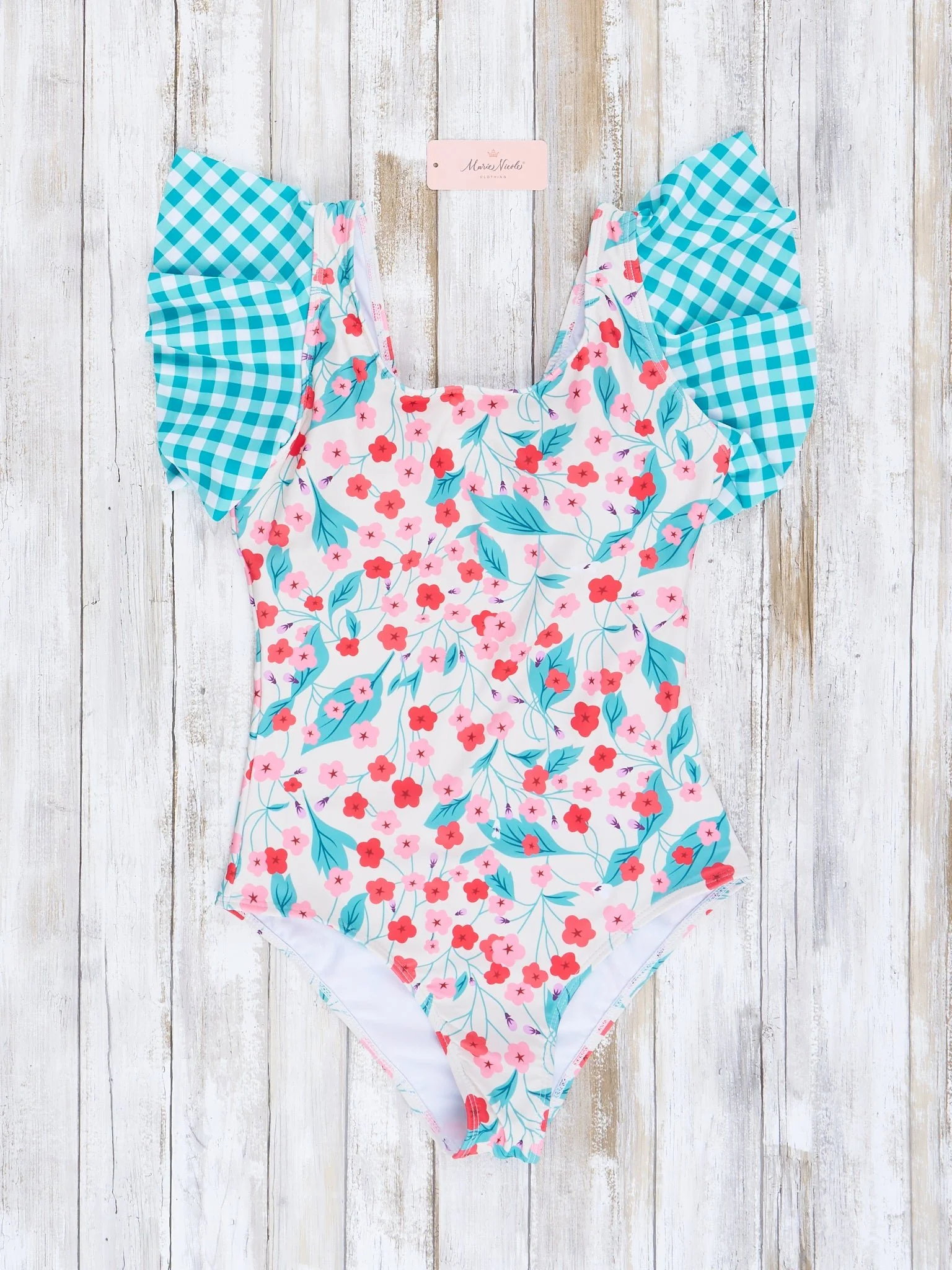 Mom & Me Teal Gingham & Blooms Ruffle Swimsuit - Image 2