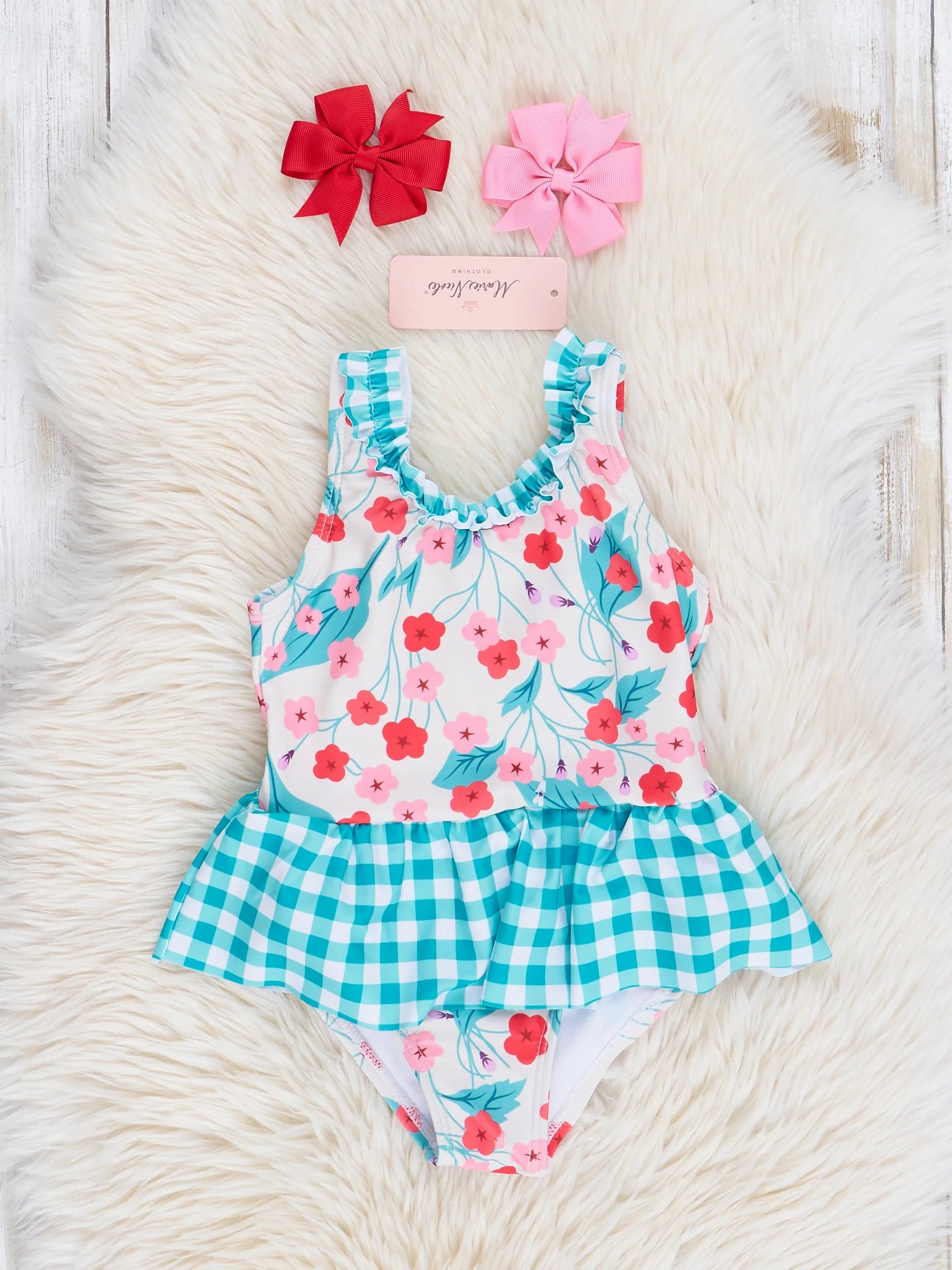 Mom & Me Teal Gingham & Blooms Ruffle Swimsuit - Image 3