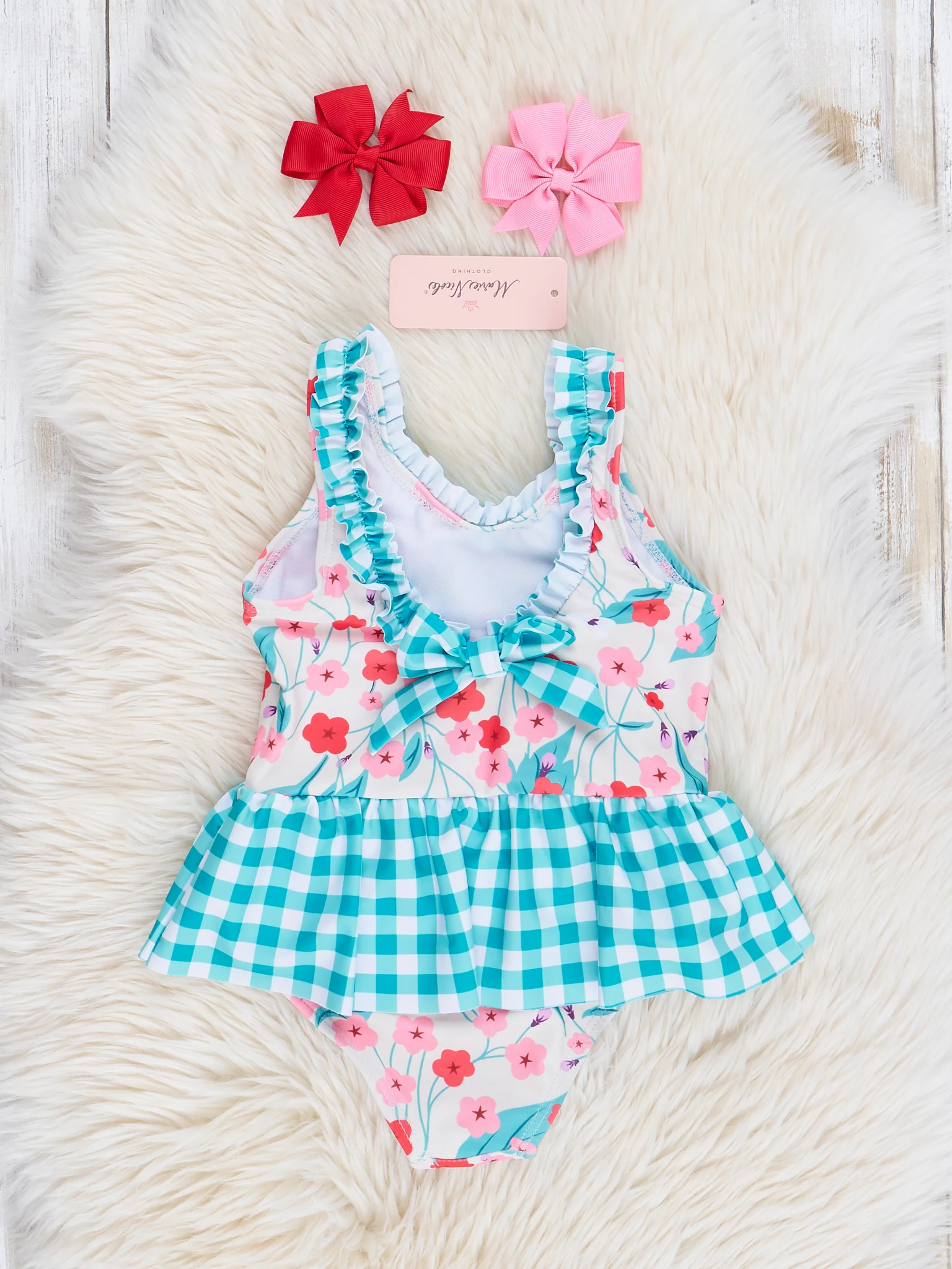 Mom & Me Teal Gingham & Blooms Ruffle Swimsuit - Image 4