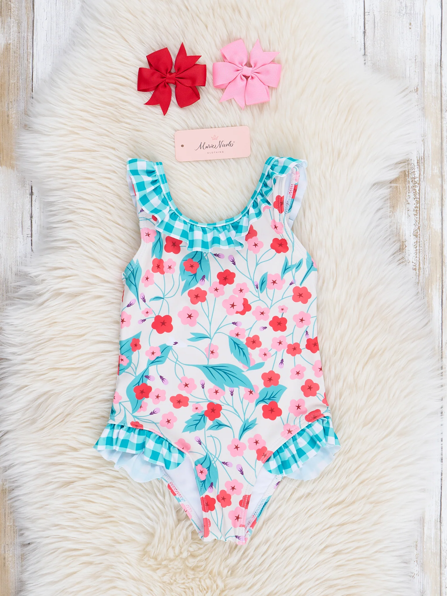 Mom & Me Teal Gingham & Blooms Ruffle Swimsuit - Image 5