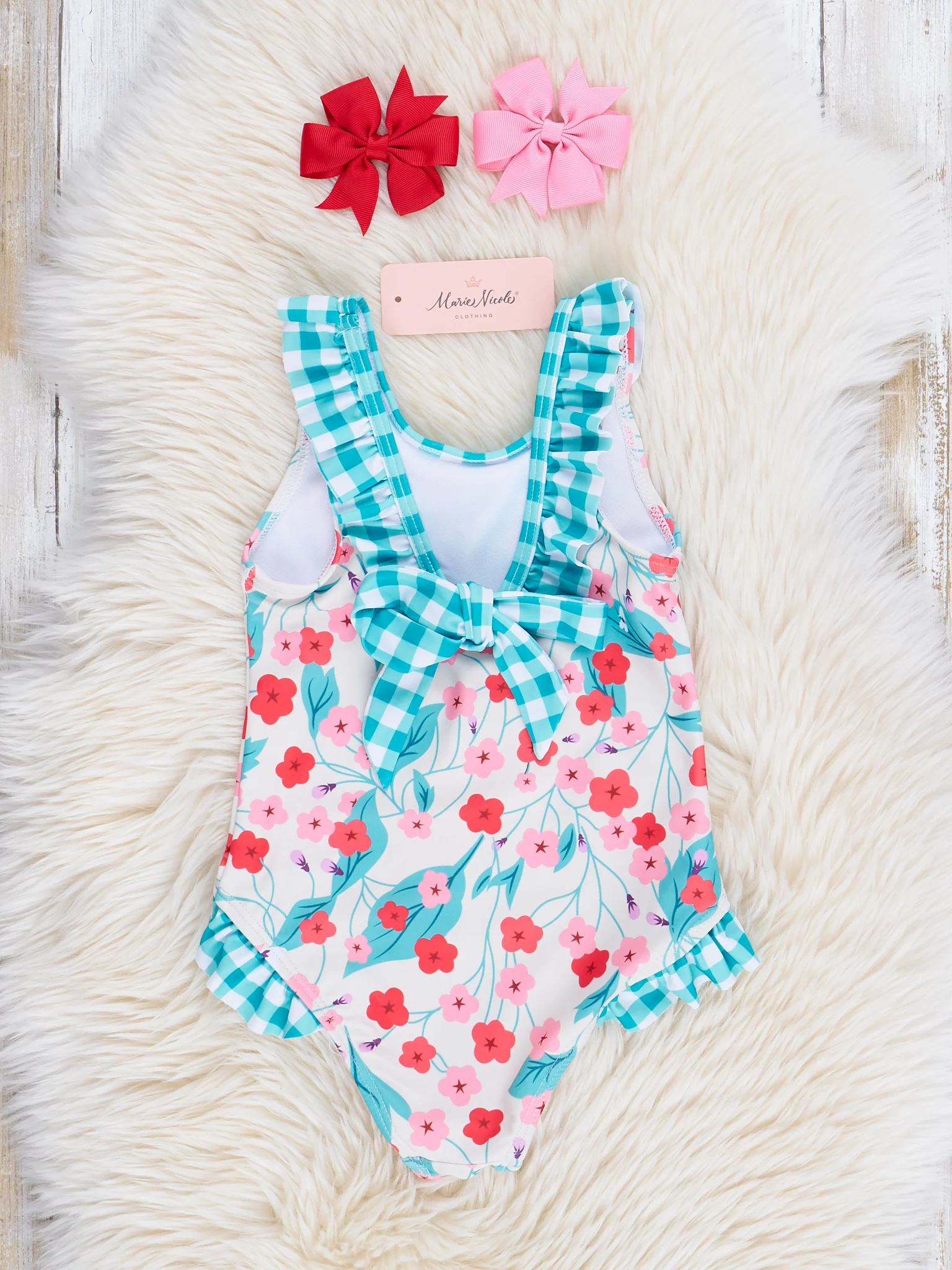 Mom & Me Teal Gingham & Blooms Ruffle Swimsuit - Image 6