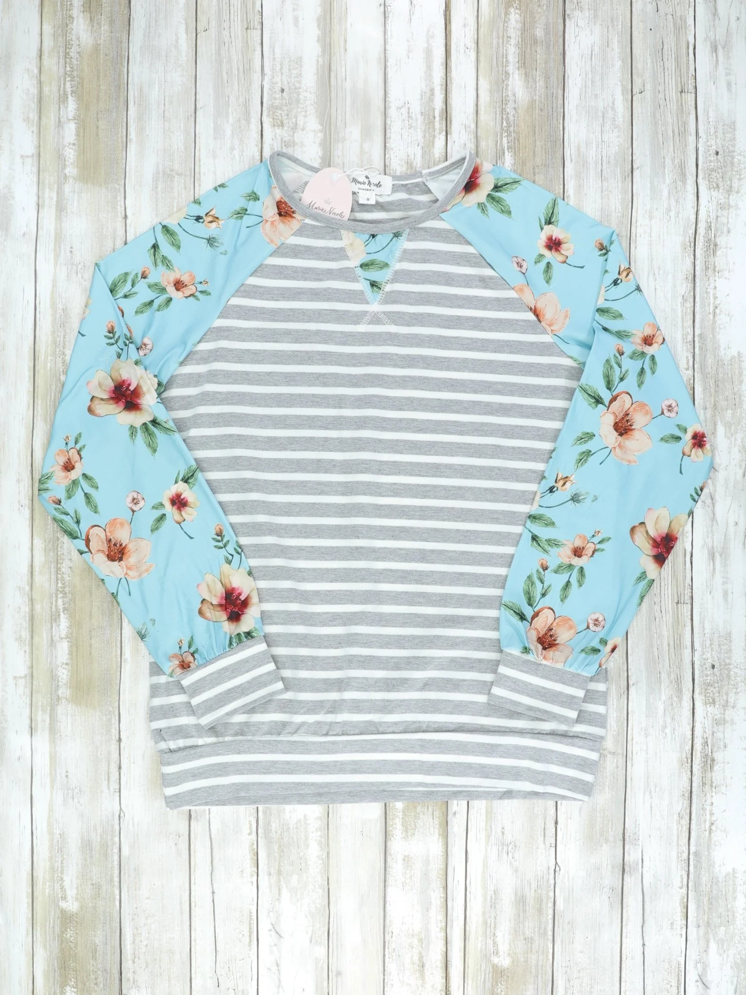 Mom & Me Teal, Grey, & Floral Striped Shirt - Image 3