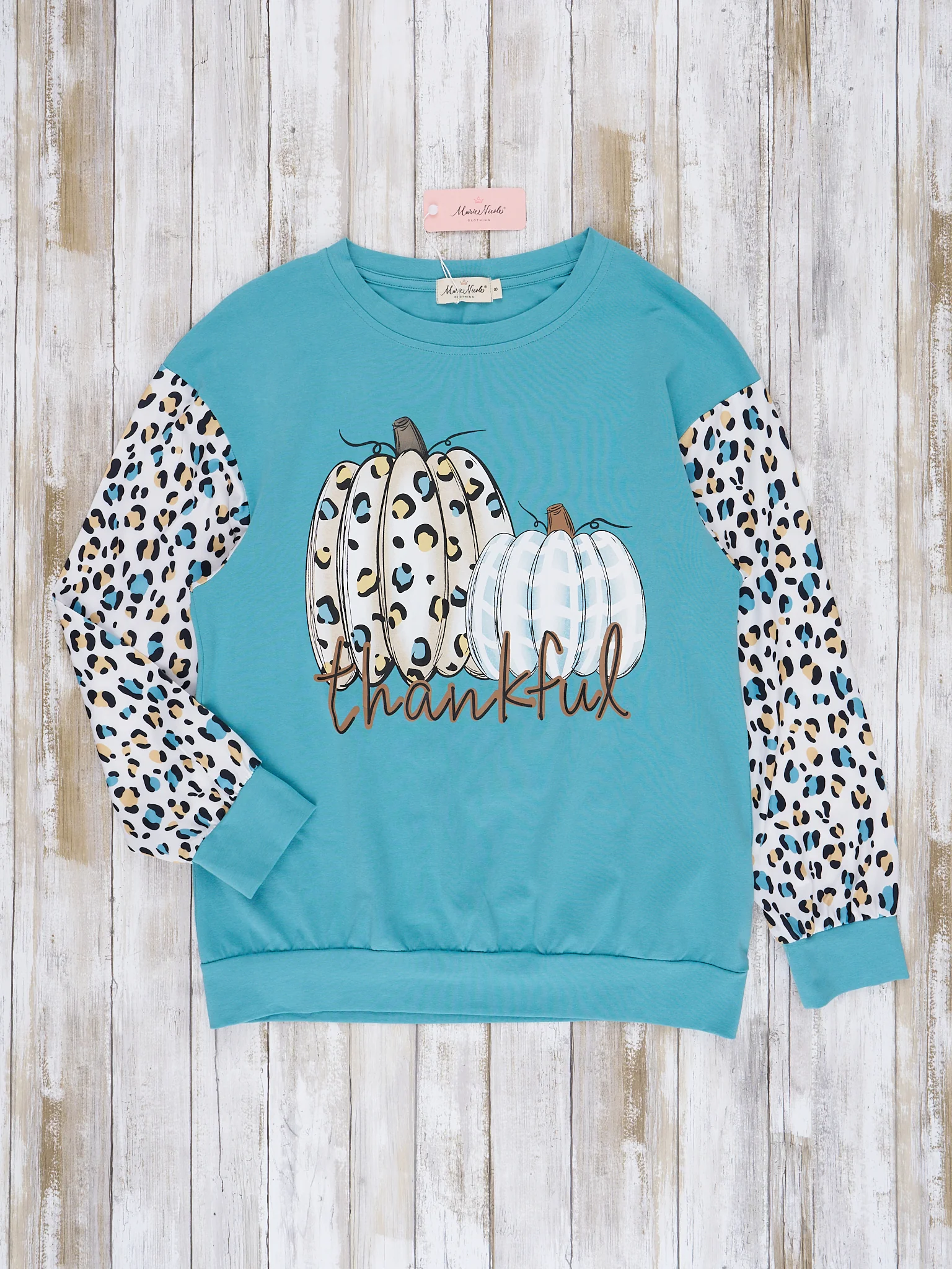 Mom & Me Cream & Teal Leopard "Thankful" Crewneck & Romper - Image 2