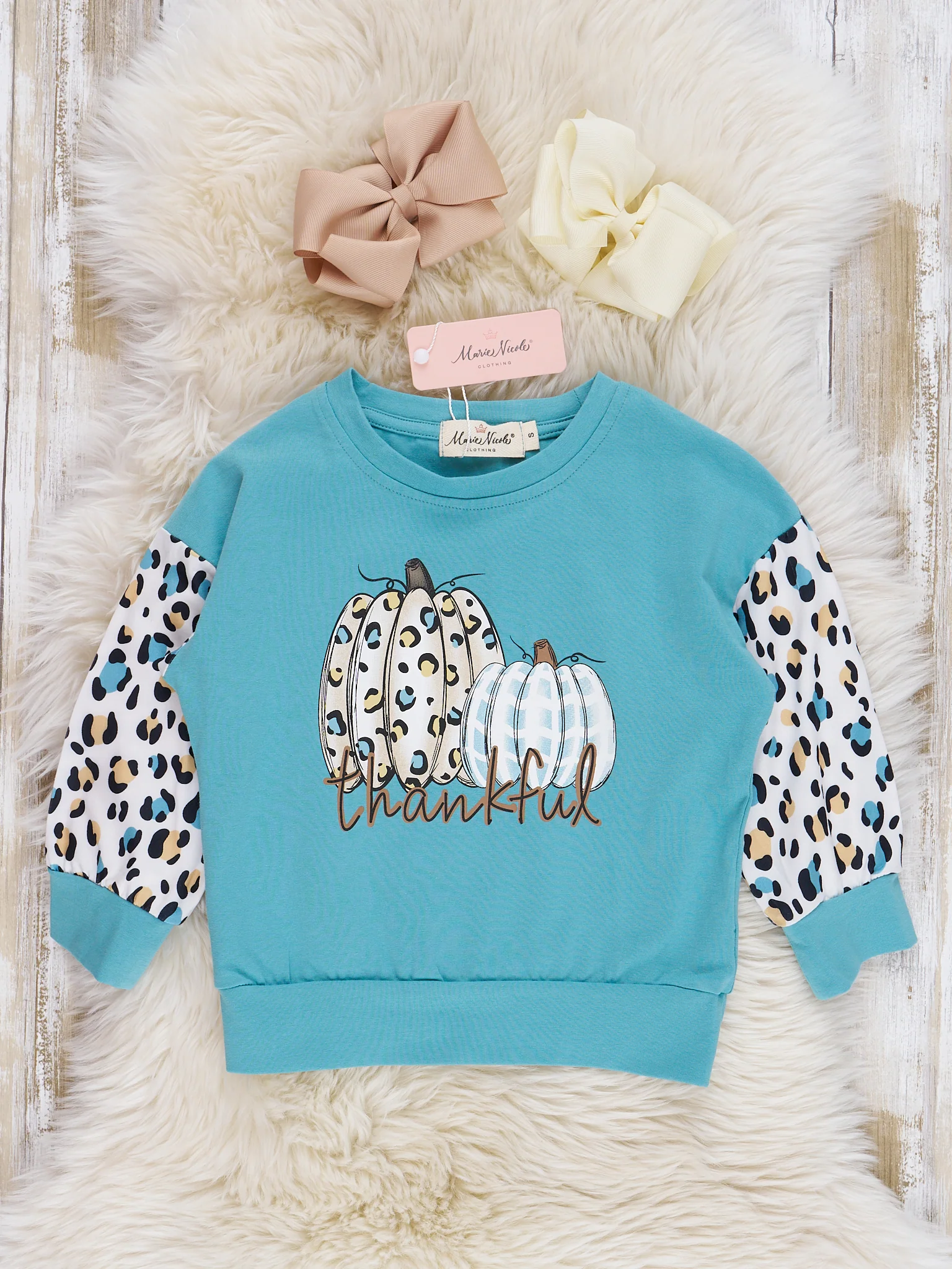 Mom & Me Cream & Teal Leopard "Thankful" Crewneck & Romper - Image 3