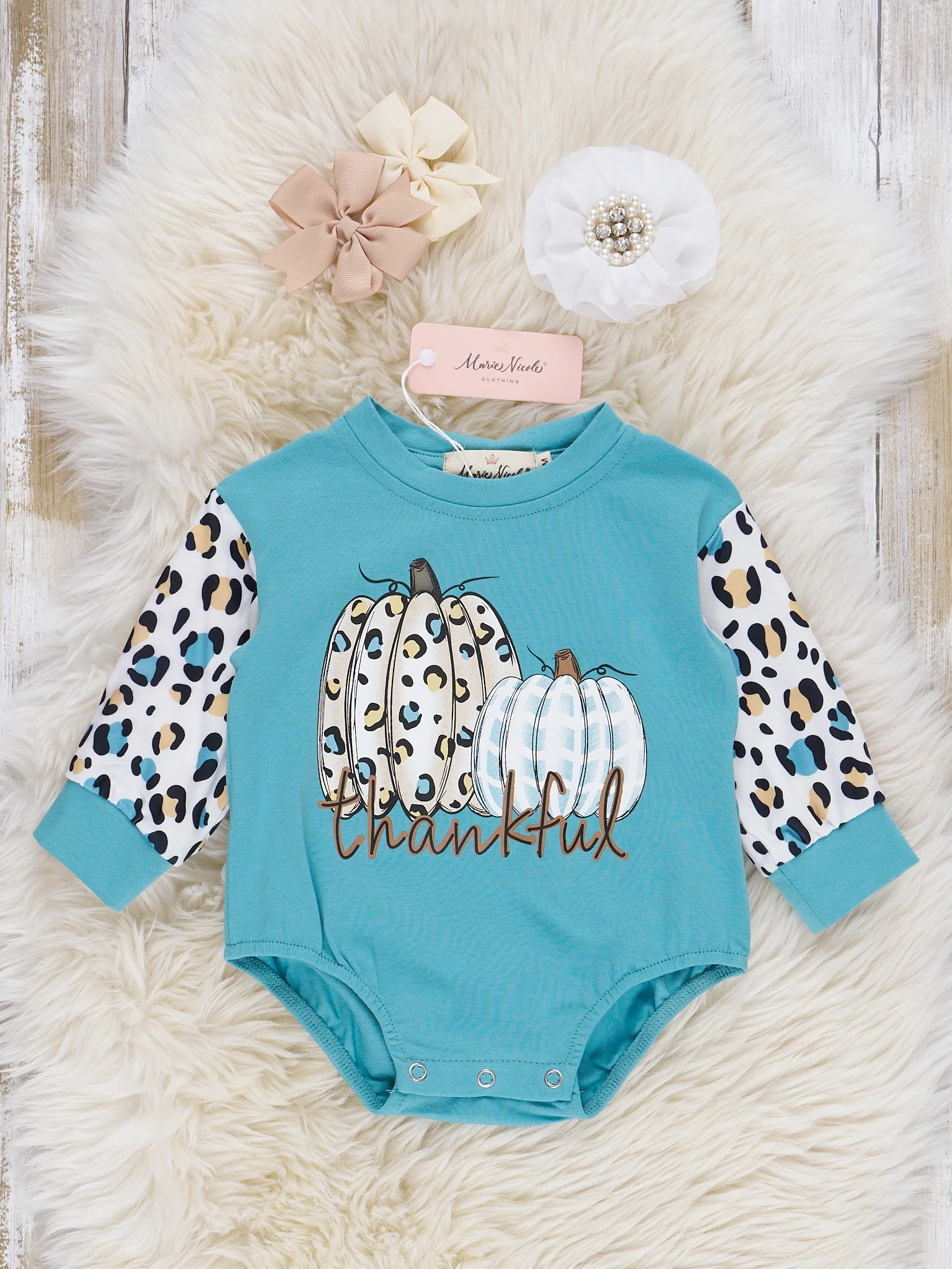 Mom & Me Cream & Teal Leopard "Thankful" Crewneck & Romper - Image 4