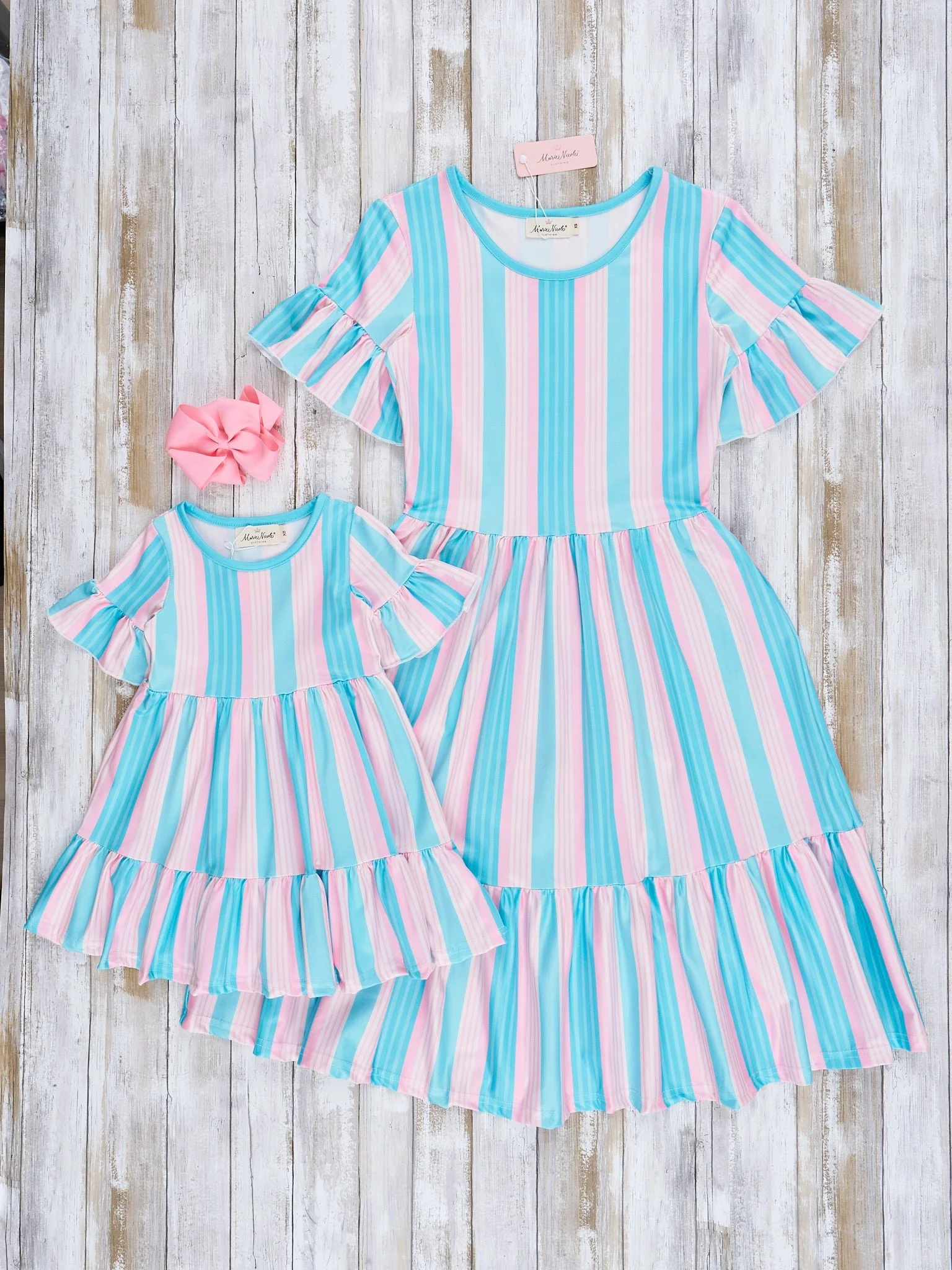 Mom & Me Teal Stripes Tiered Ruffle Dress