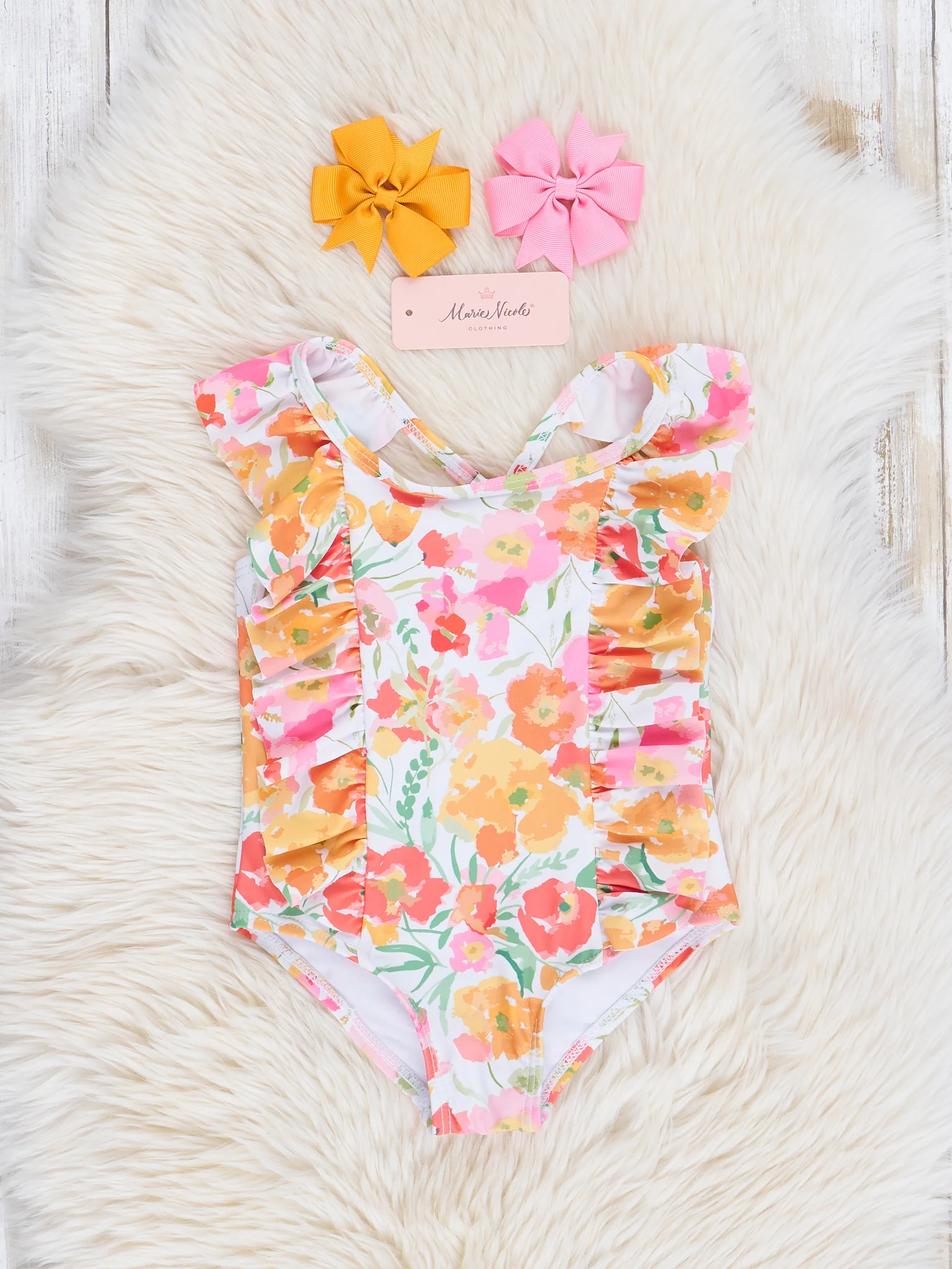 Mom & Me Yellow & Orange Watercolor Blooms Ruffle Swimsuit - Image 2