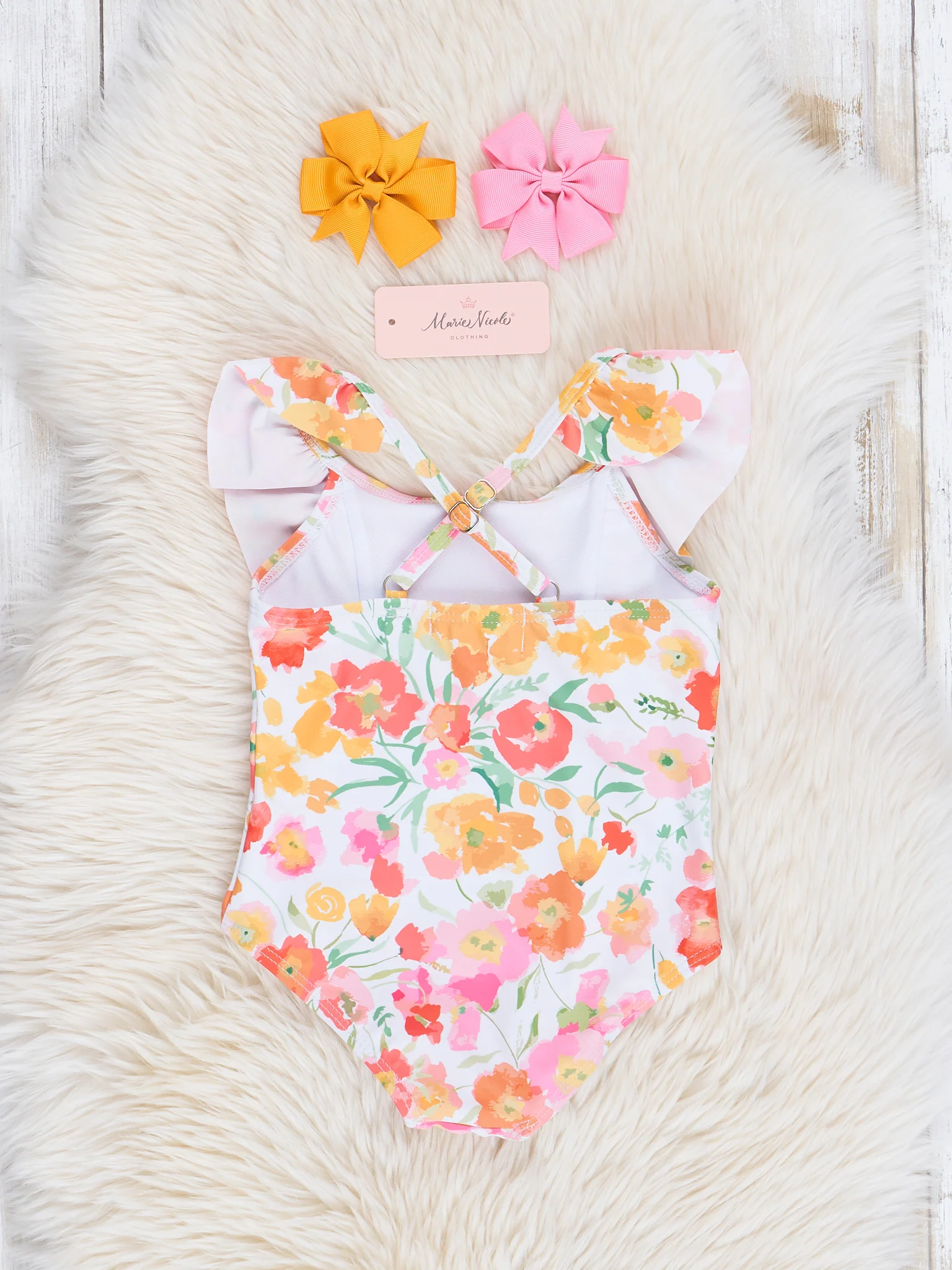 Mom & Me Yellow & Orange Watercolor Blooms Ruffle Swimsuit - Image 3