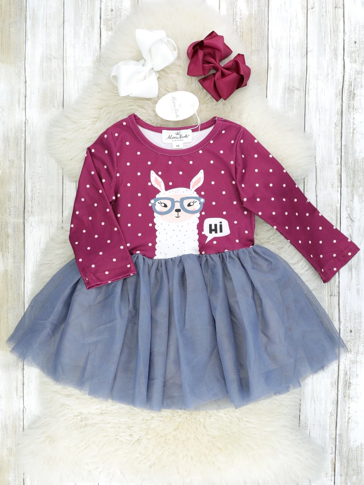 Mulberry & Pink Polka Dot "Hi" Llama Tulle Dress