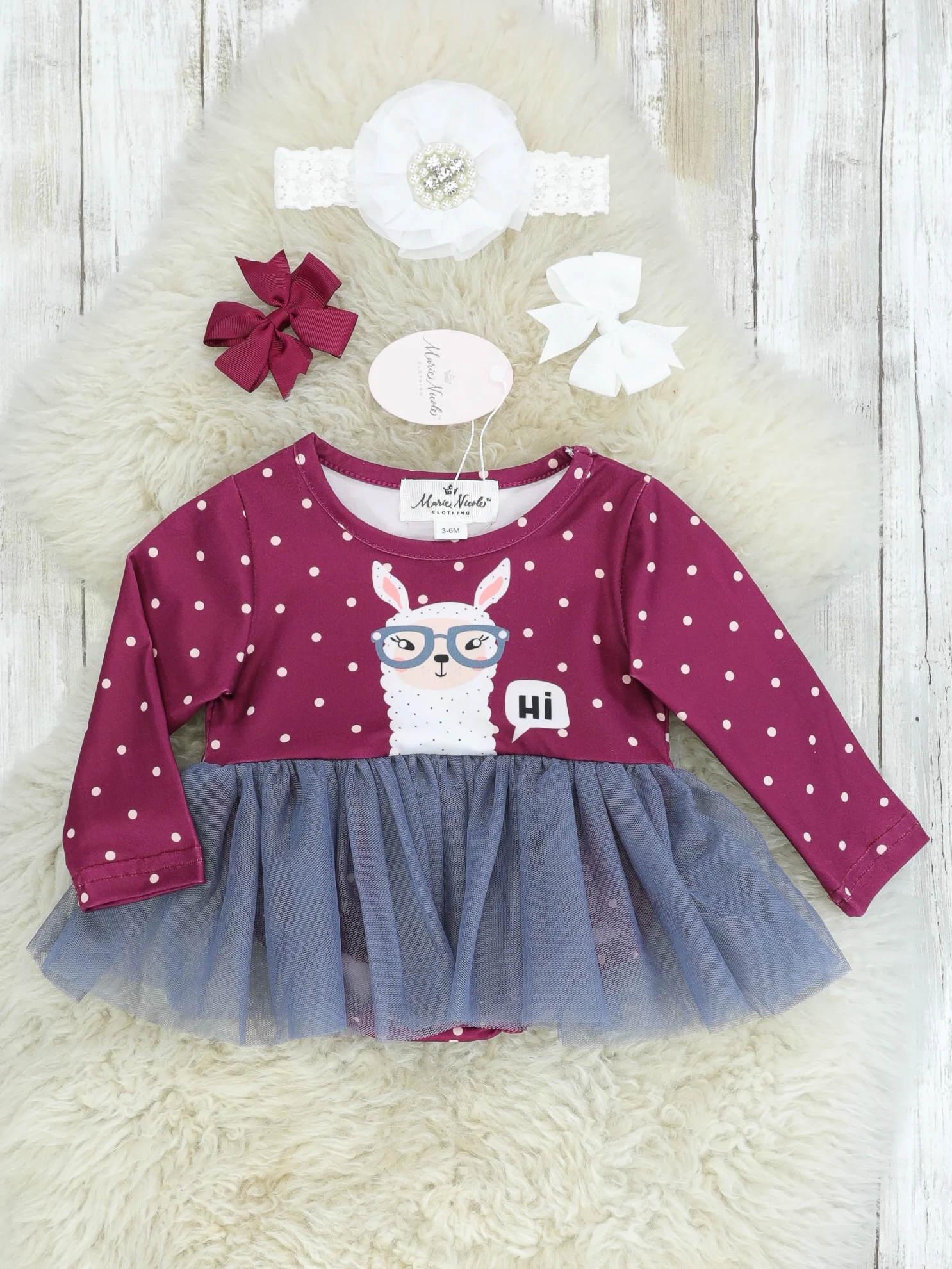 Mulberry & Pink Polka Dot "Hi" Llama Tulle Romper