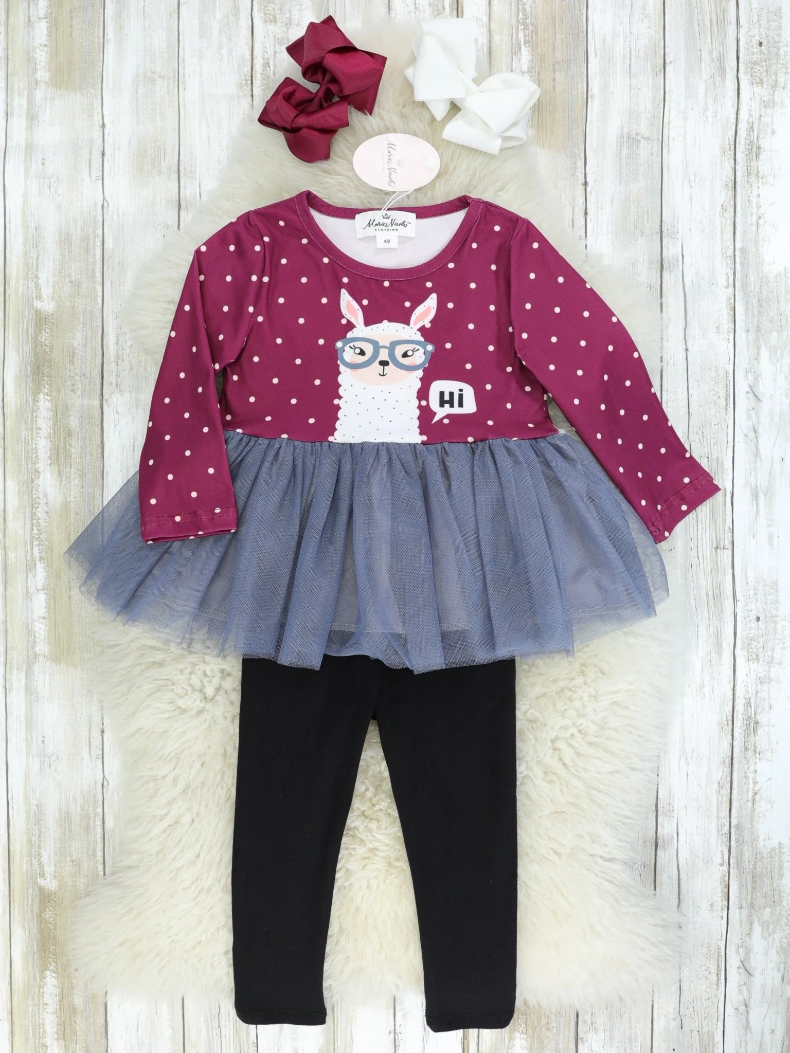 Mulberry & Pink Polka Dot "Hi" Llama Tulle Top & Black Bottoms Outfit