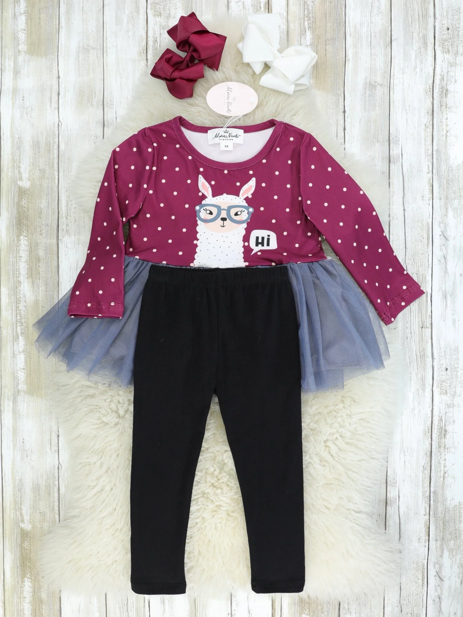 Mulberry & Pink Polka Dot "Hi" Llama Tulle Top & Black Bottoms Outfit - Image 2