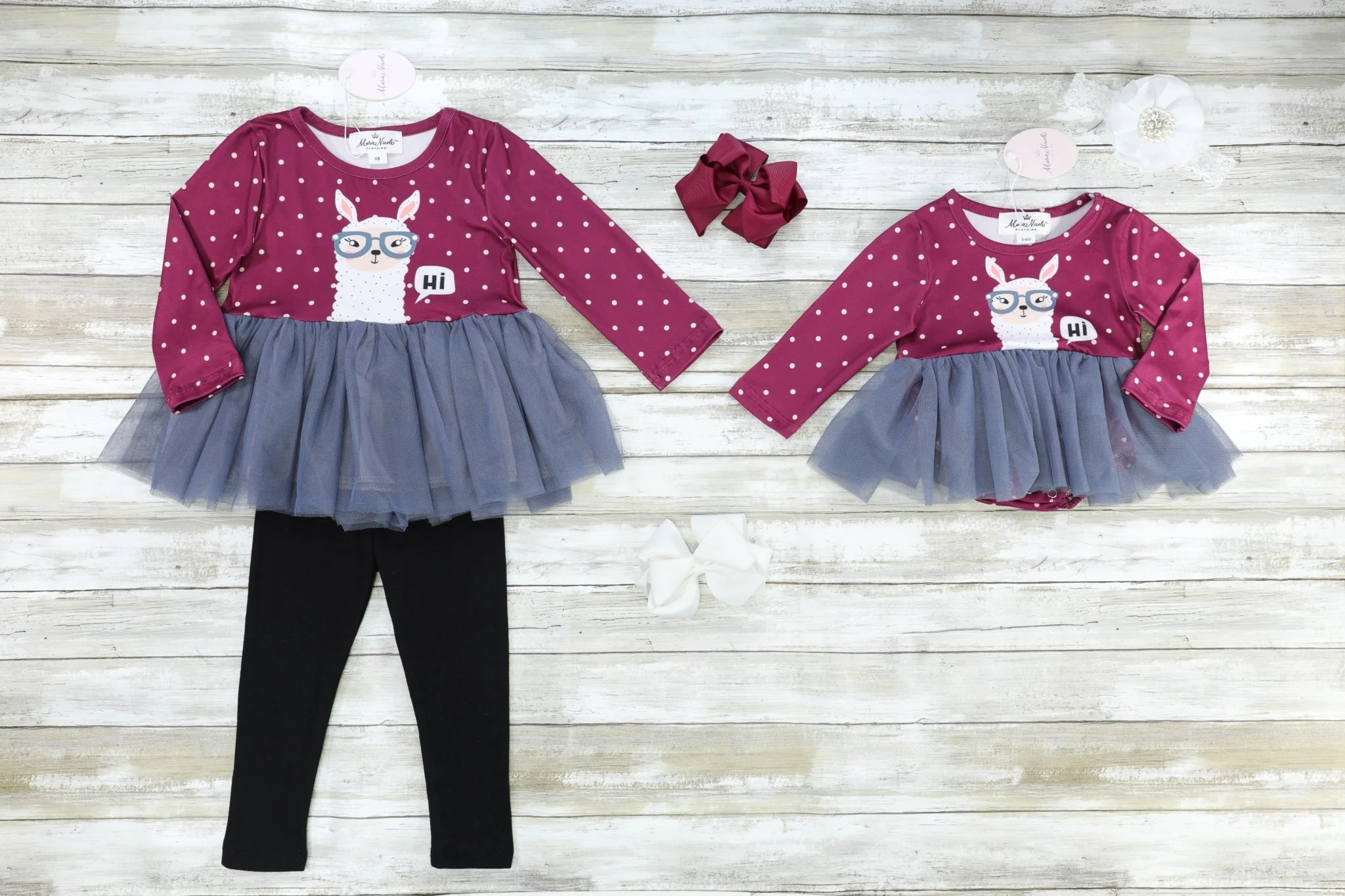 Mulberry & Pink Polka Dot "Hi" Llama Tulle Top & Black Bottoms Outfit - Image 3